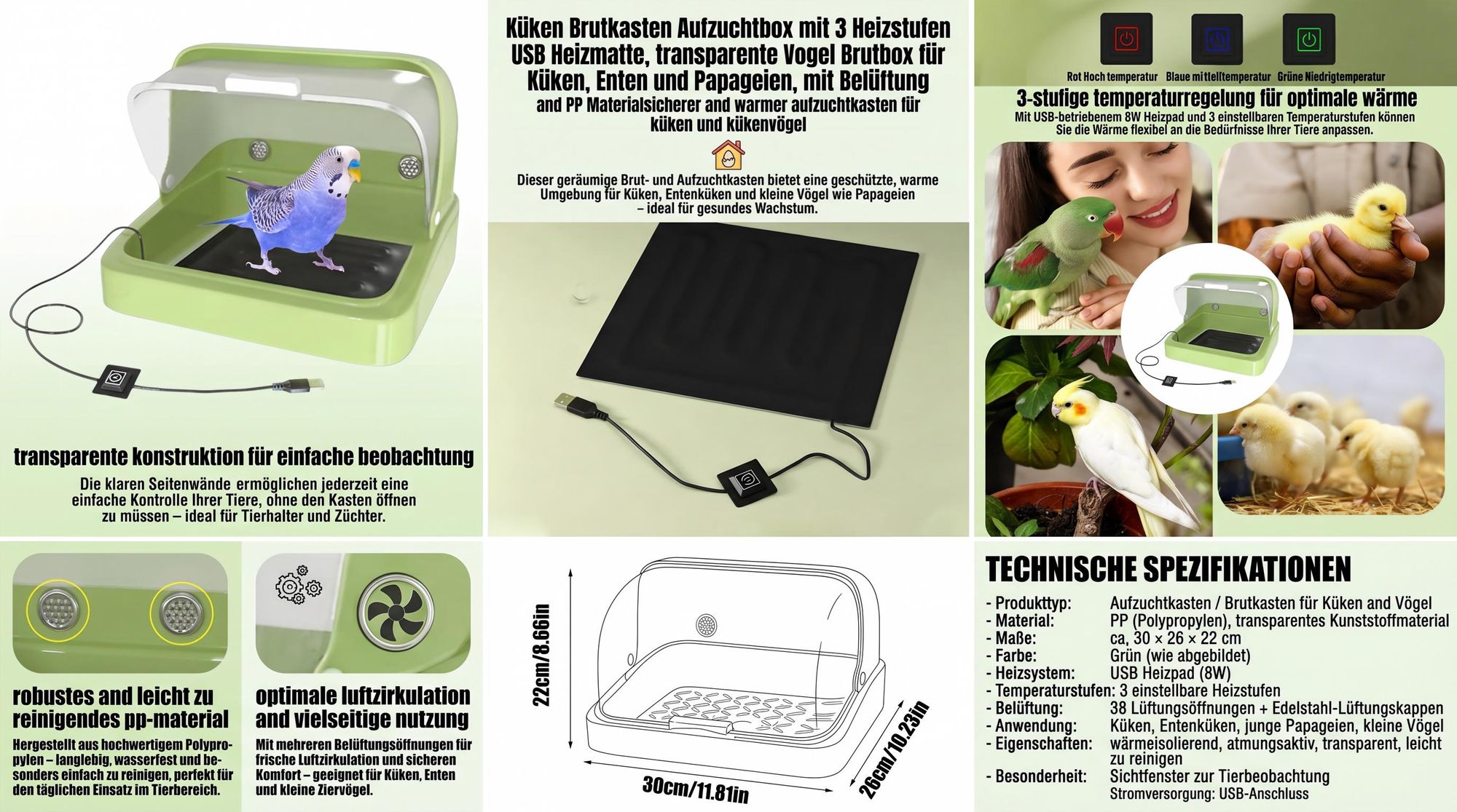 Küken Brutkasten Aufzuchtbox mit 3 Heizstufen USB Heizmatte, transparente Vogel Brutbox für Küken, Enten & Papageien, mit Belüftung & PP Material