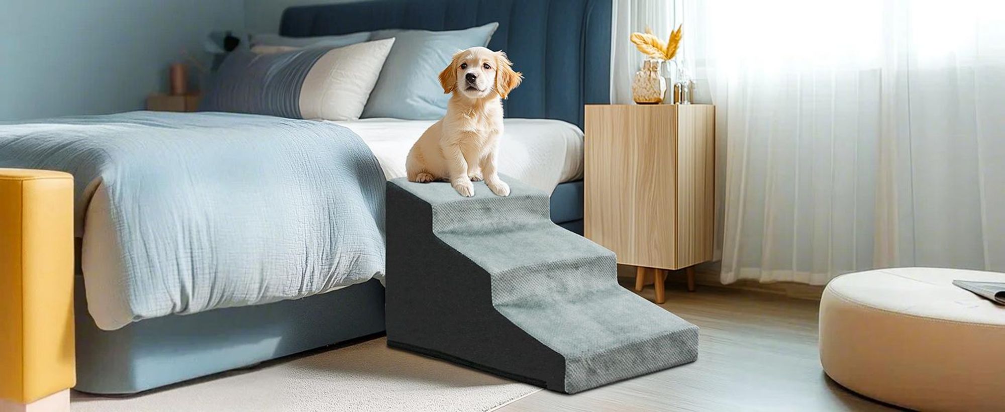 WISFOR 3-stufige Hundetreppe, Rutschfeste Haustierrampe Treppen, Abnehmbarer Bezug, Hundestufen mit hochdichtem Schwamm
