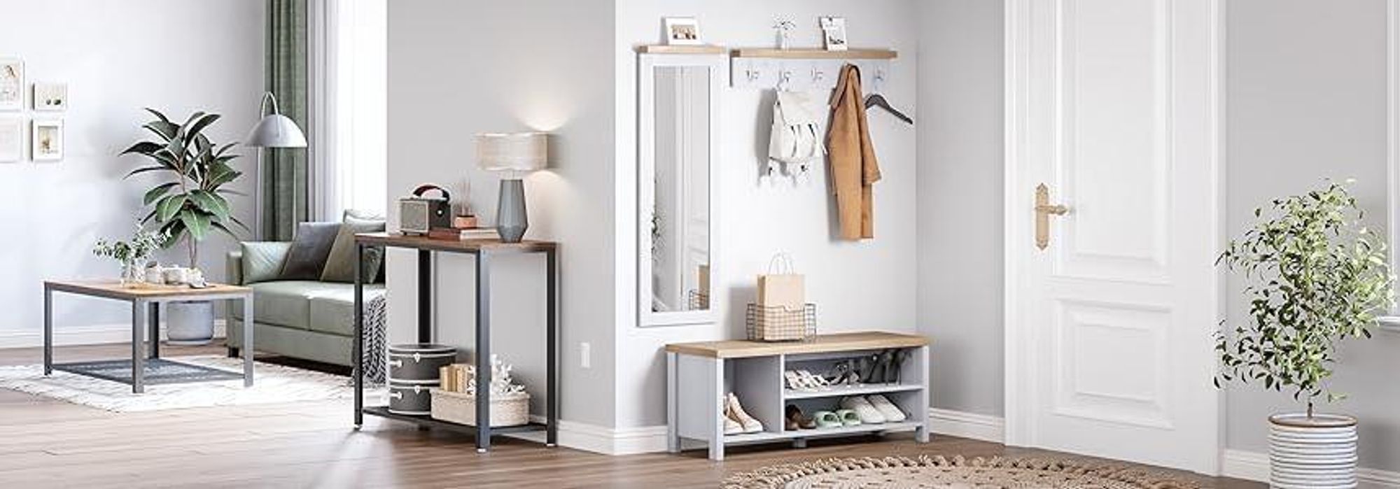 Mondeer Garderobenset Schuhbank Wandspiegel und Garderobenständer mit 5 Haken Set Holz Moderner Stil Grau