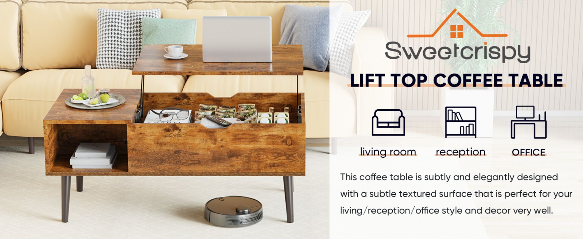 Sweetcrispy Couchtisch Höhenverstellbar, Qualität Wohnzimmertisch, Multifunktionales Coffee Table Ausziehbar, Couchtisch mit Stauraum,   (Braun)