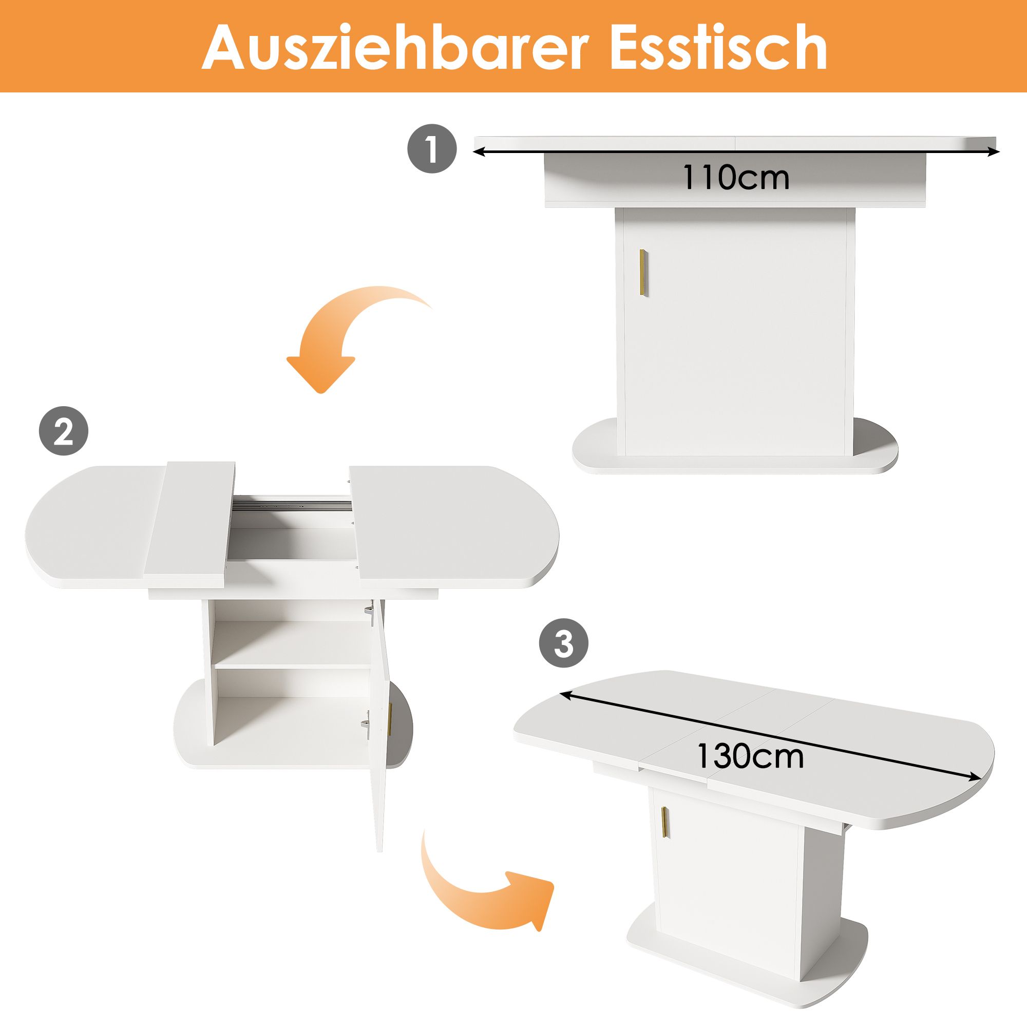 Flieks Ausziehbarer Esstisch Küchentisch mit Stauraum, Oval Esszimmertische Esstische mit Staufach, 130x70x75cm, Weiß Gold