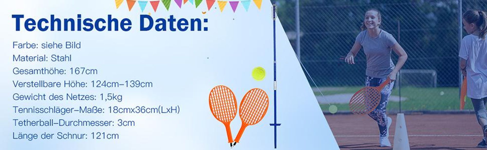 COSTWAY 3-stufig höhenverstellbares Tetherball Set, Twistball Set inkl. Ball｜2 Schlägern ｜120cm Schnur, Tennisball an Schnur, Tennis Spiel für Solo und Team