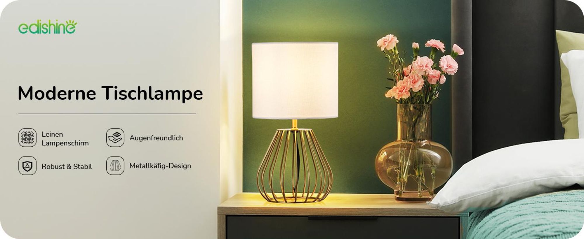 EDISHINE Nachttischlampe Industrial, Moderne Tischlampe, Schlafzimmer, Gold&Weiß