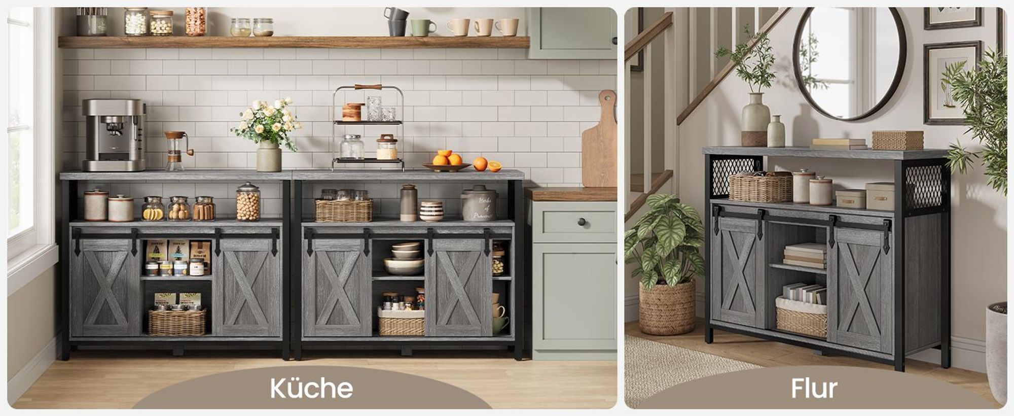 VASAGLE Sideboard Küchenschrank, mit 2 Schiebetüren, verstellbare Ablagen