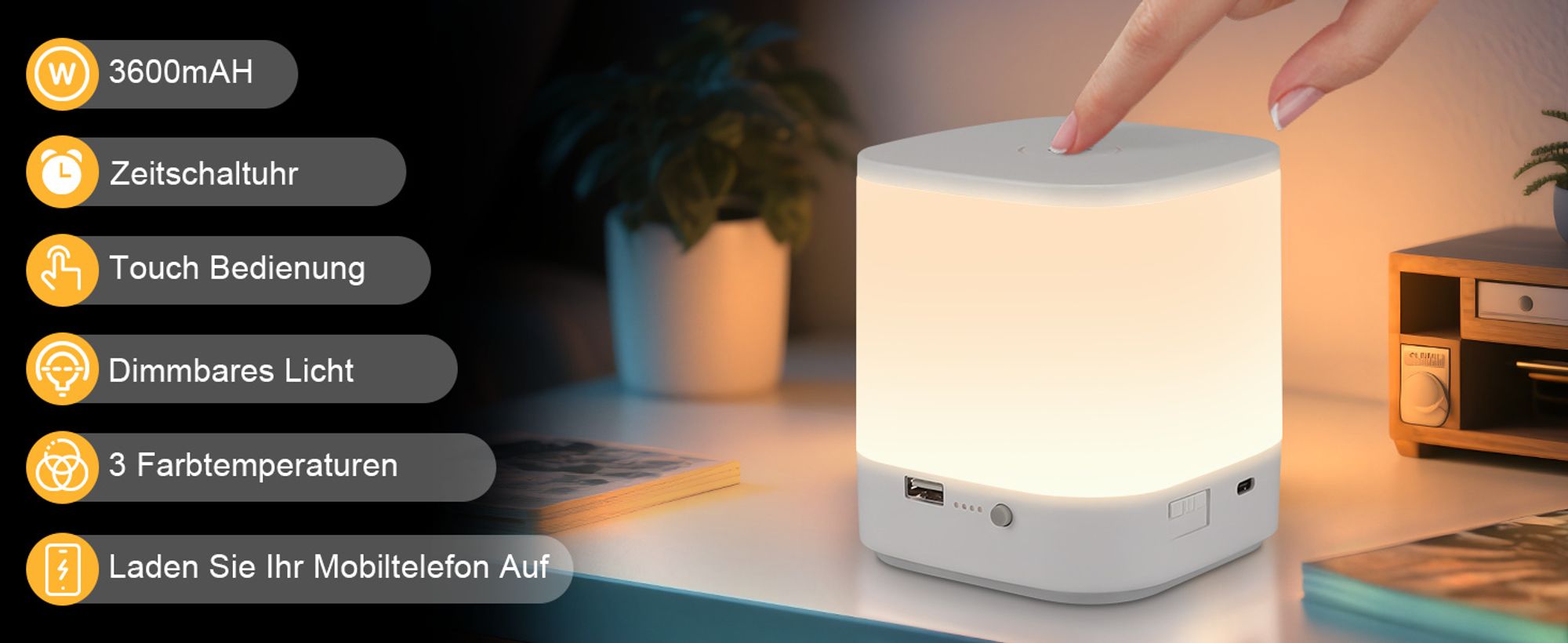 ZMH LED Nachttischlampe 2ER Nachtlicht Kabellos mit 3 Farbtemperaturen Akku Tischlampe Touch Dimmbar  3600mAH USB Aufladbar Weiß Timing Funktion