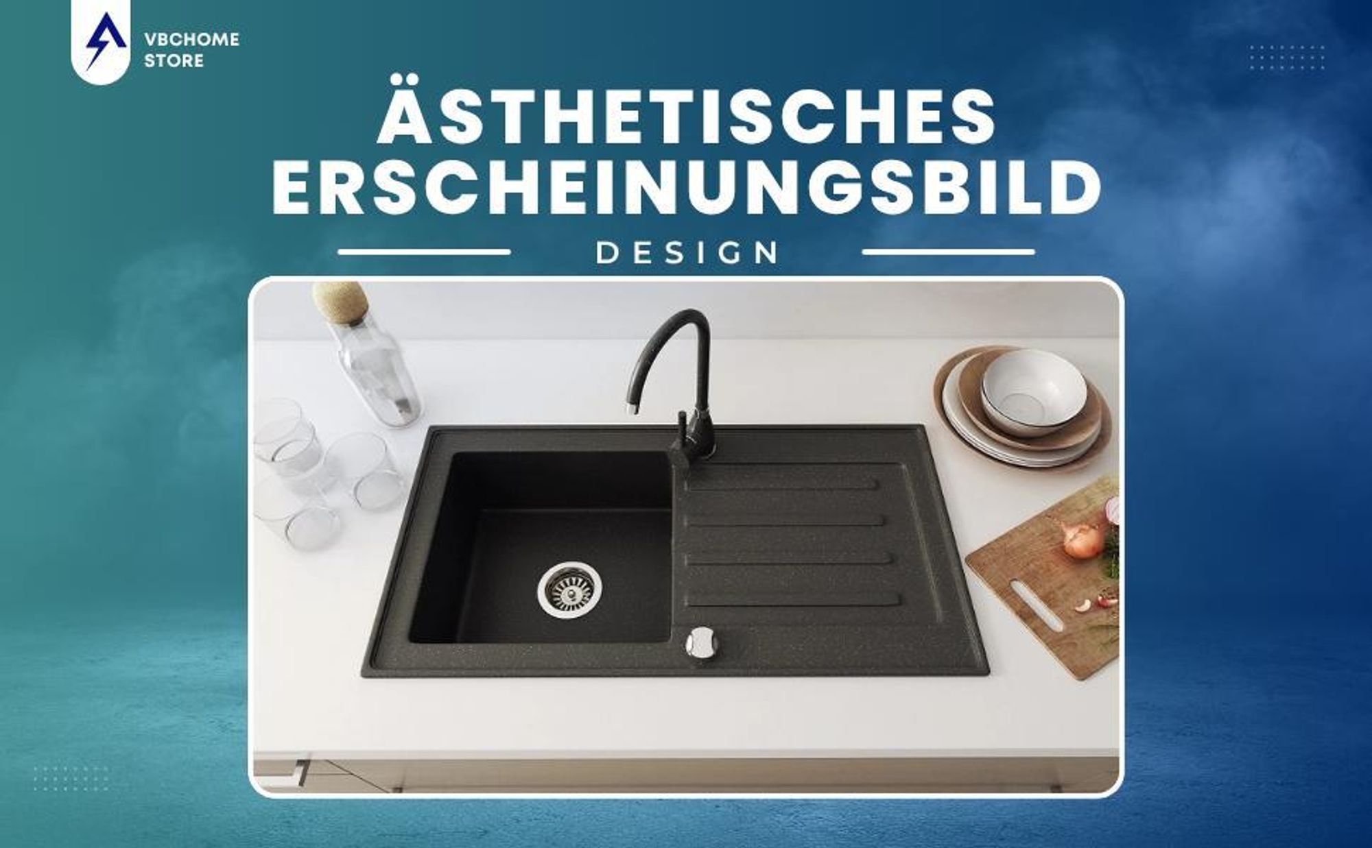 VBChome Granitspüle 76 x 44 cm Beige mit Armatur Einzelbecken Einbauspüle Reversibel Gesprenkelt Pflegeleichtes Spülbecken mit Siphon Ideal für kleine