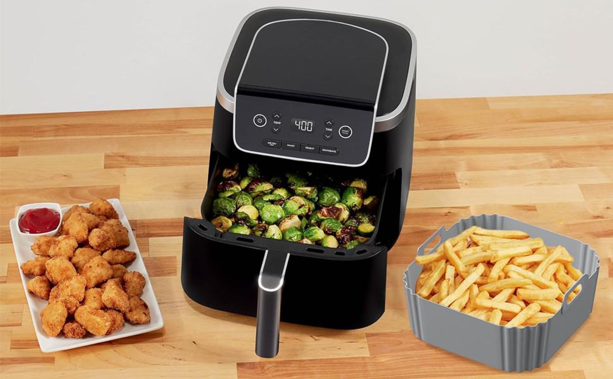 Airfryer Zubehör Set Silikon, 22.5cm Silikonform mit 2 Mini-Ofenhandschuhen, BPA-frei, Antihaft, spülmaschinengeeignet, bis 230℃, für 4.7–7.2L