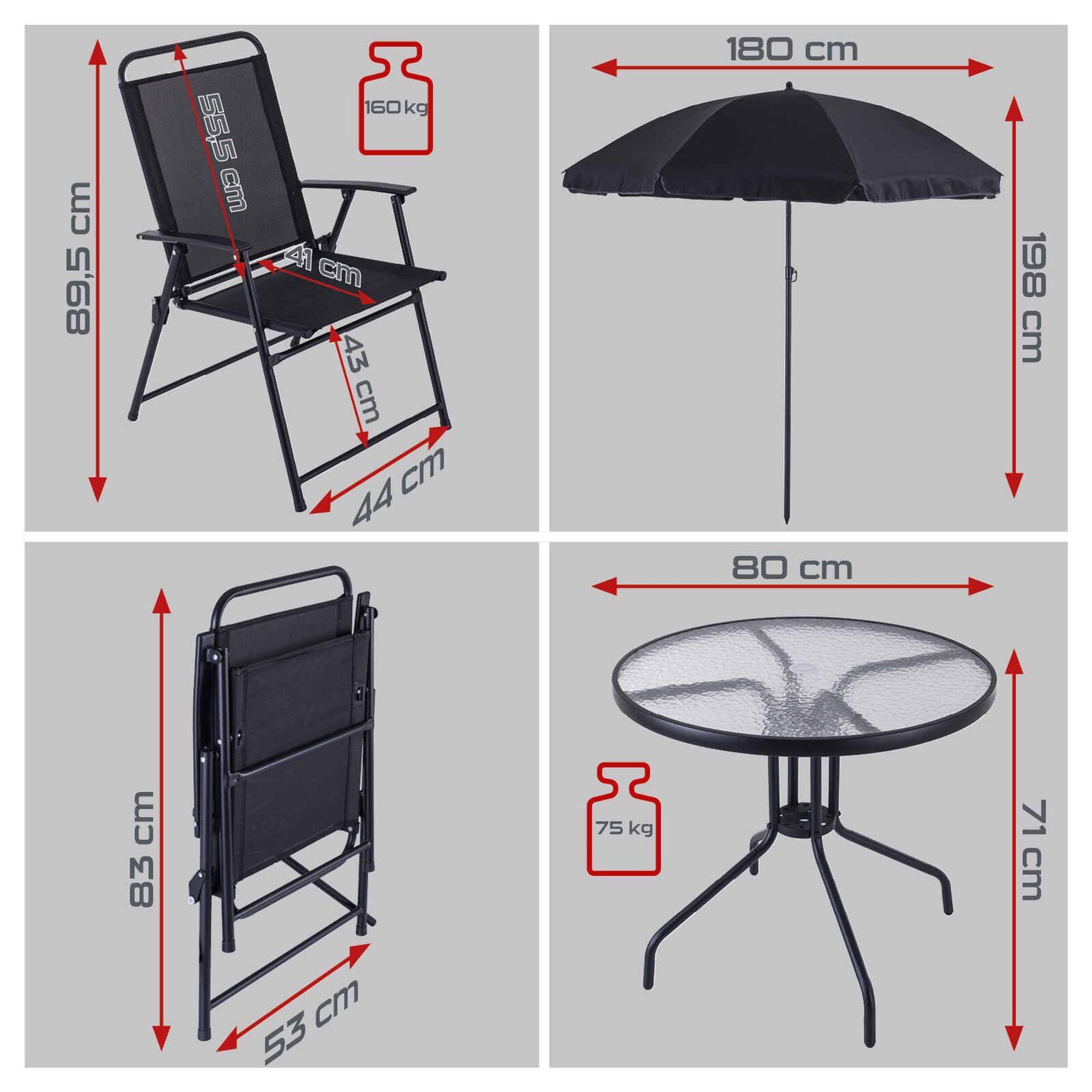 Practixx 6-tlg. Balkonset mit Schirm PX-BS1 | 4x Klappstuhl, neigbarer Sonnenschirm, Glastisch | Gartenset Bistroset Balkonmöbelset Campingset schwarz