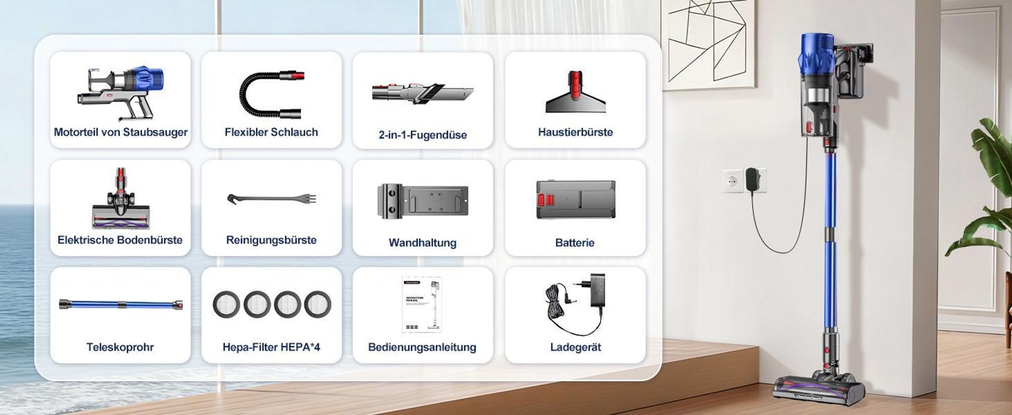 Hiazurm Akku Staubsauger, 85000Pa Staubsauger kabellos mit Touchscreen, HEPAx4, 80Min, Schlauchbürste, Staubsauger, 2L, Anti-Tangle-Staubsauger