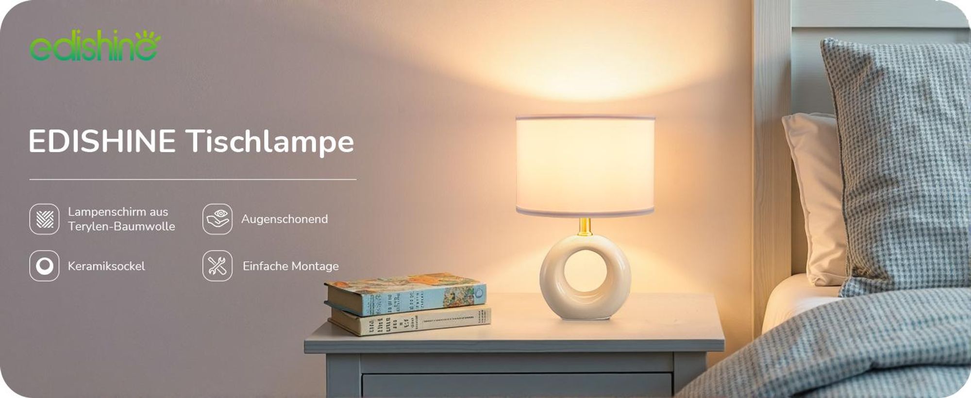 EDISHINE Keramik-Tischlampe, elegante und moderne Nachttischlampe mit Stoffschirm, E14-Leuchtmittel inklusive, 2700K Warmweiß