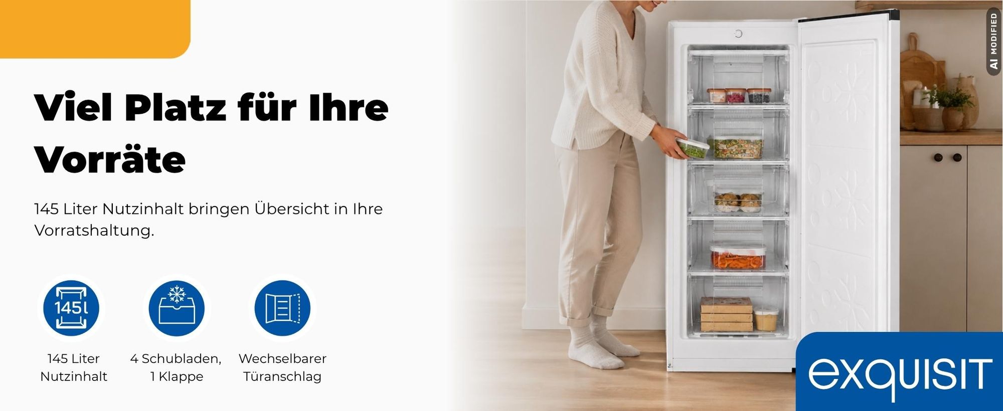 Exquisit Gefrierschrank, 145 Liter, Standgerät, 4-Sterne-Gefrieren, -18 °C, Gefrierschubladen, leise, GS5145-050C weiss