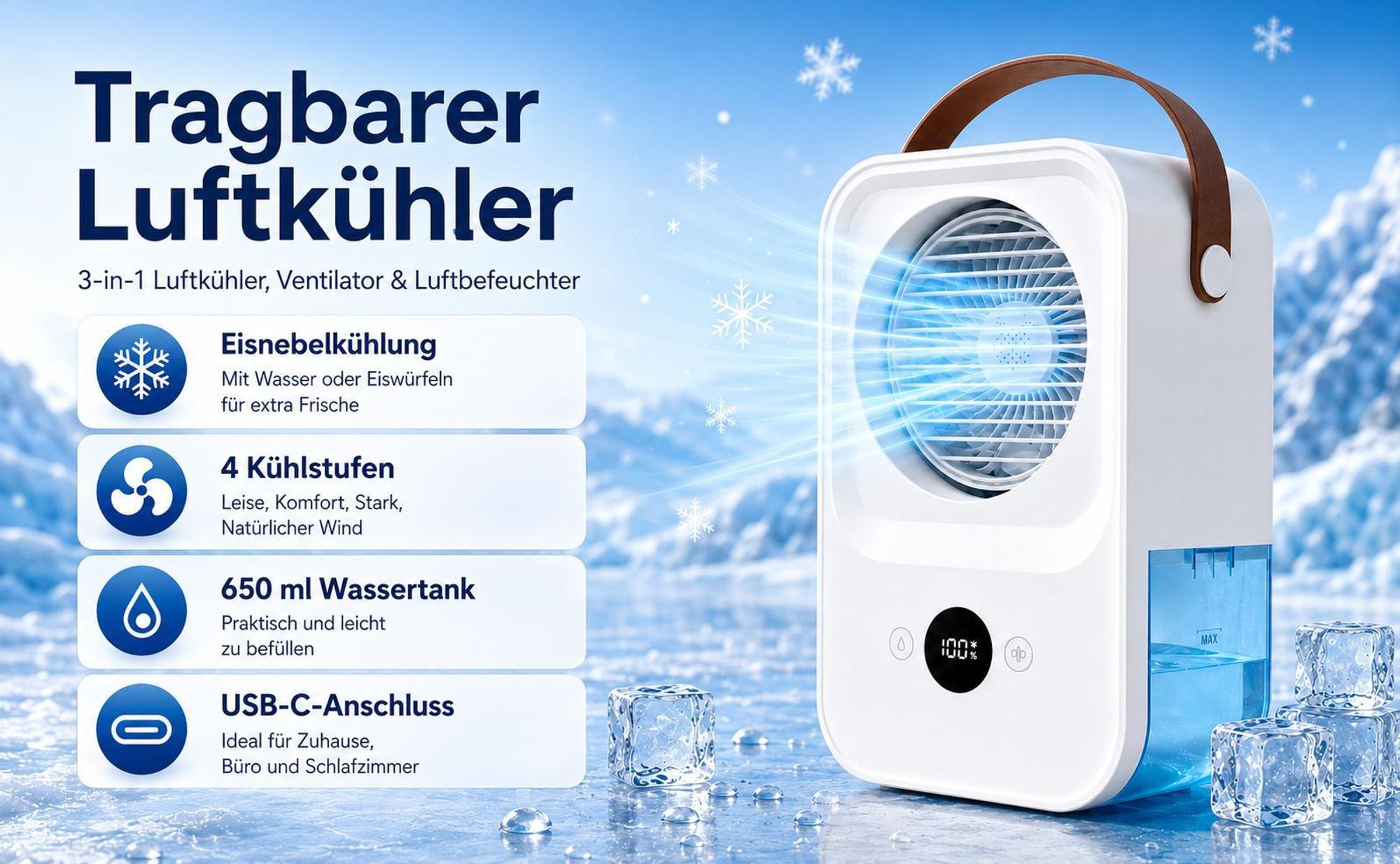 Mobiler 3-in-1 Luftkühler mit integriertem Akku, kabelloser Tischventilator mit Sprühnebel, 4 Windstufen für schnelle Erfrischung