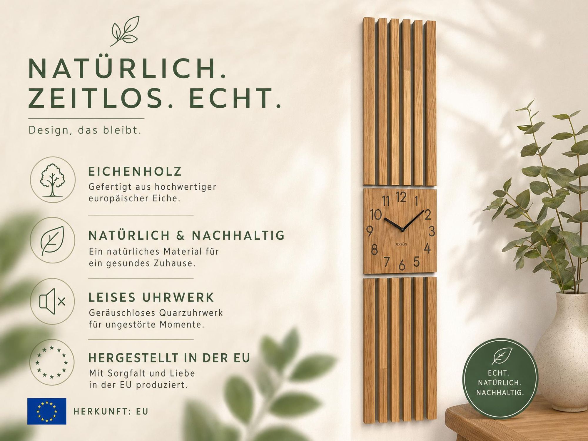 Wanduhr groß Moderne Eichenholz Aufhängepaneel Lamellen 155x30cm ohne tickgeräusche modern holz eiche holzoptik wohnzimmer