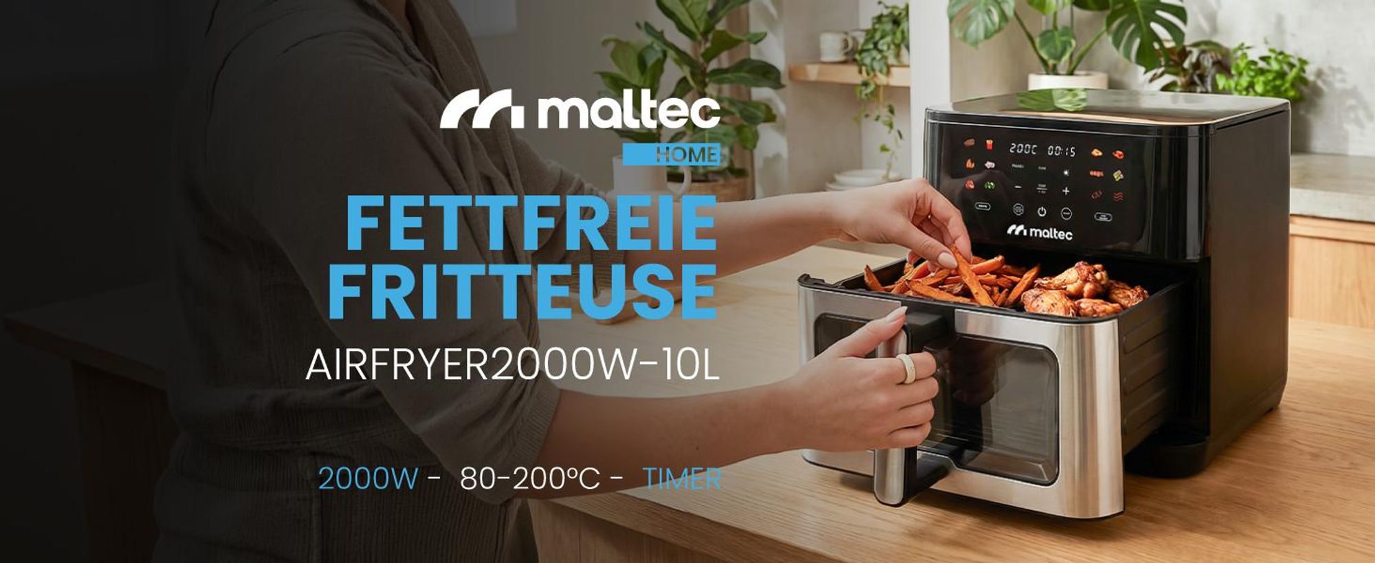Fritteuse mit 10 Litern Fassungsvermögen, Sichtfenster und 12 Programmen in Schwarz