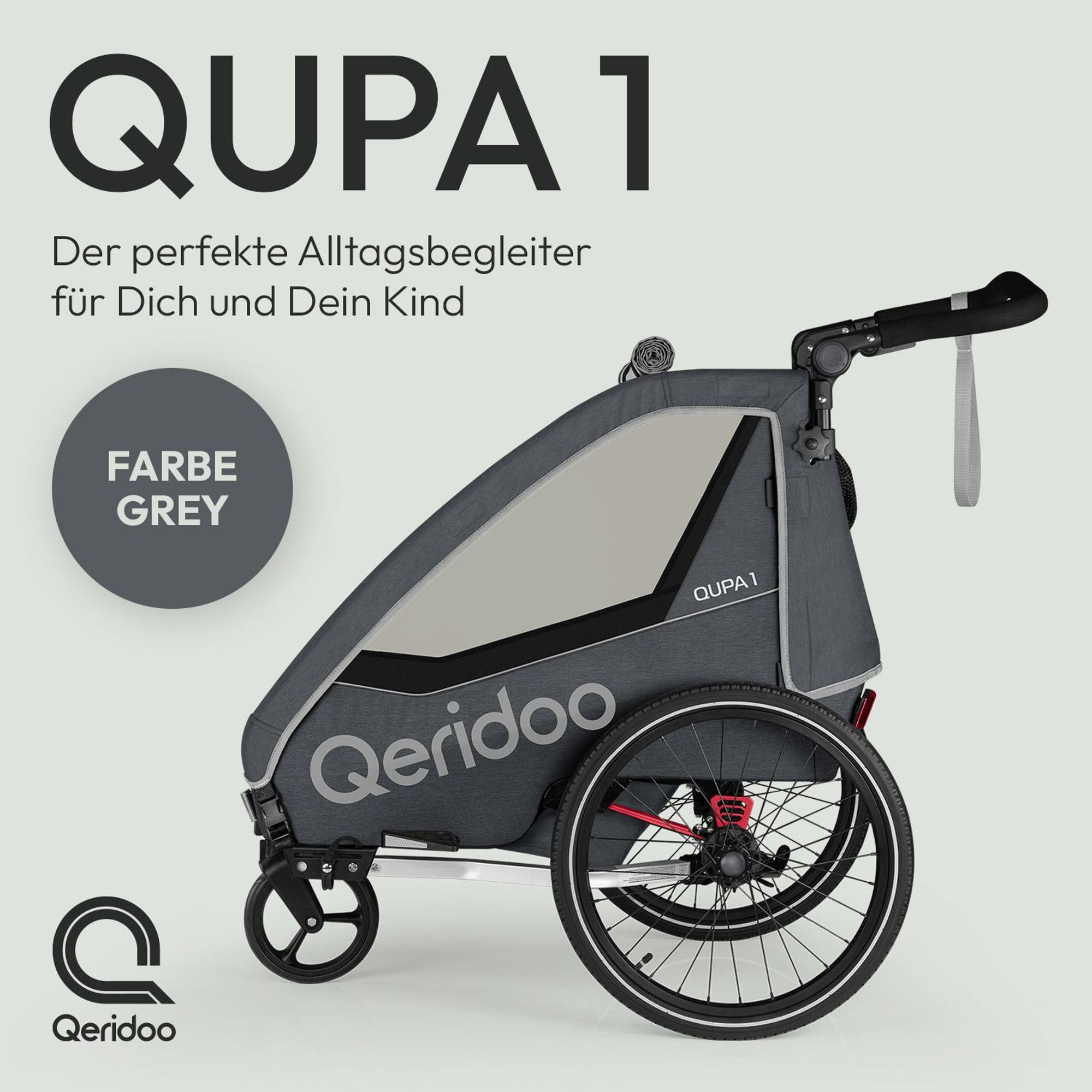 Qeridoo QUPA 1 - Kinderfahrradanhänger für 1 Kind, Farbe: Grey