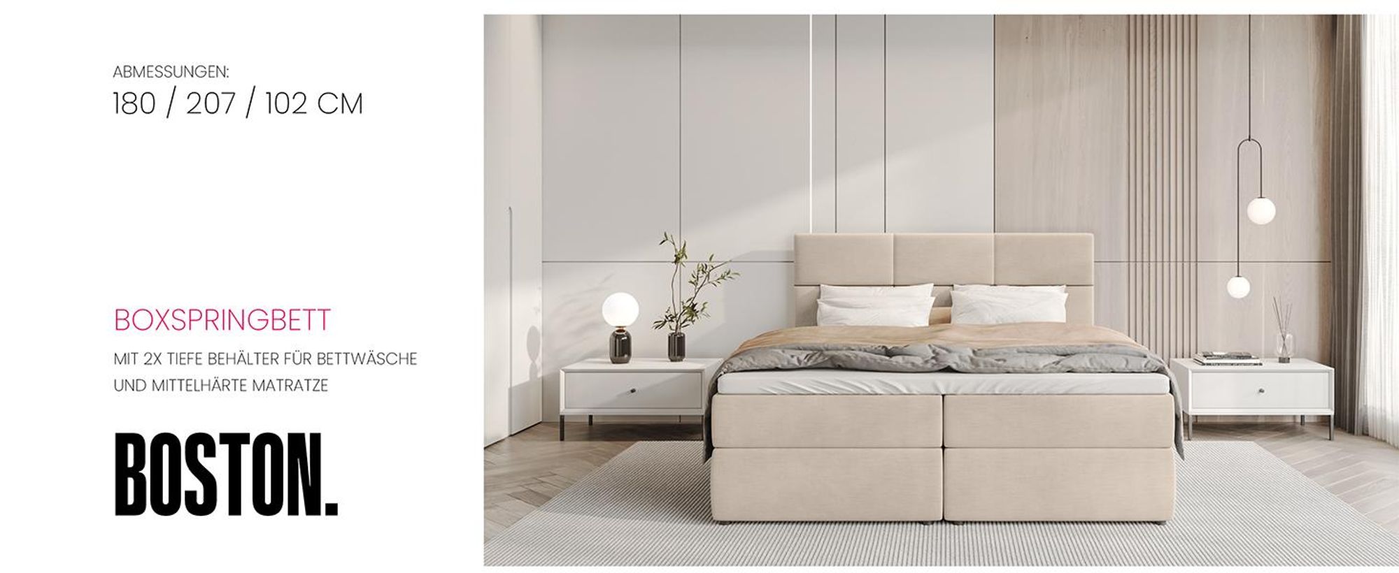 BroMARKT Boxspringbett BOSTON mit 2 Bettkasten, Bonell-Matratze, Polsterbett, Bett (Beige, Cosmic 10, 180 x 200 cm)