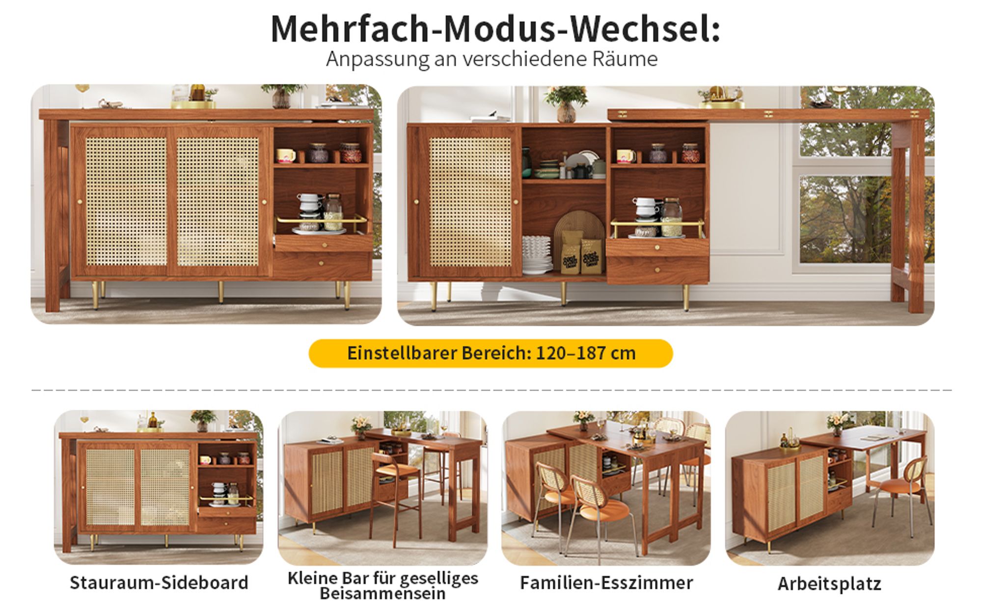 Flieks Bartisch 360°drehbar mit Rattan-Schiebetür, Stehtisch mit klappbare Tischplatte, Sideboard Essbar 120-187x40-80x76 cm, braun