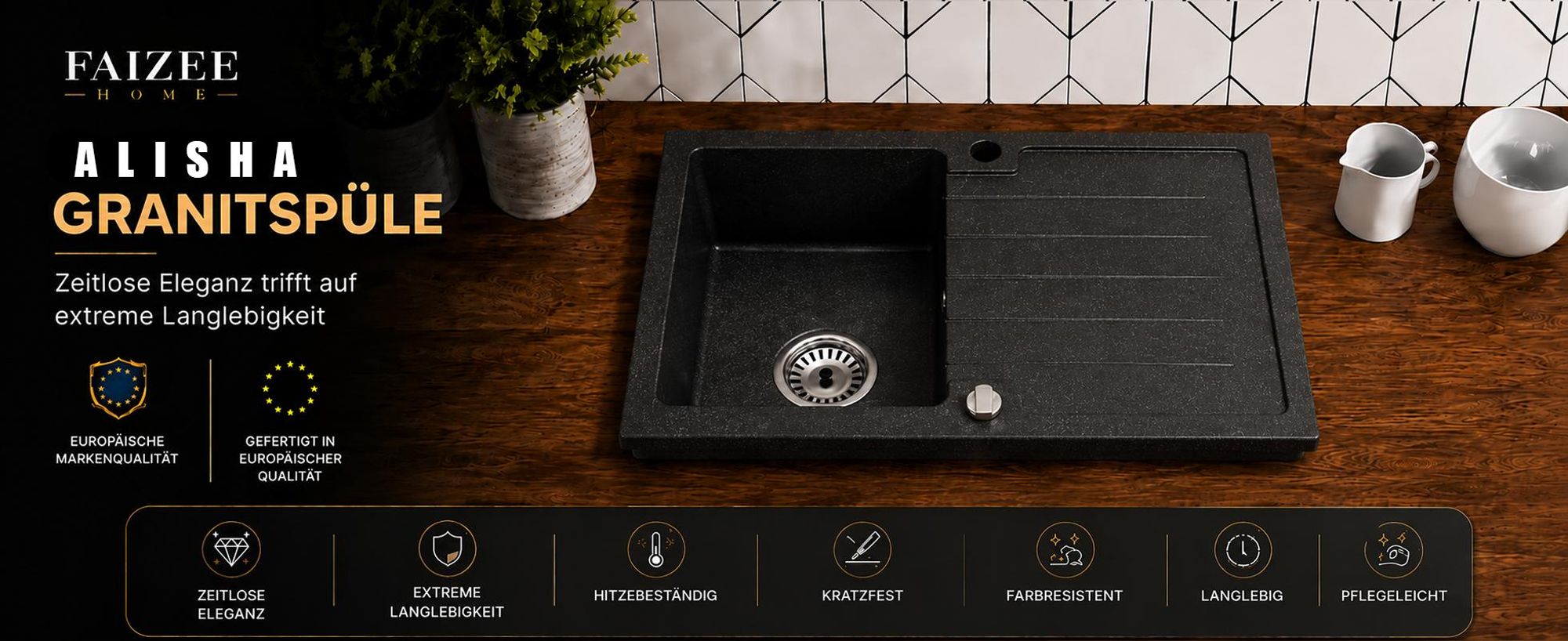 [Granitspüle 76x44 Schwarz Gesprenkelt]Hochwertig beidseitig Montierbar Küchenspüle Eckig Einbaugranitspüle Granit Spülbecken f. Unterschränke ab 45 cm inkl.Sipho