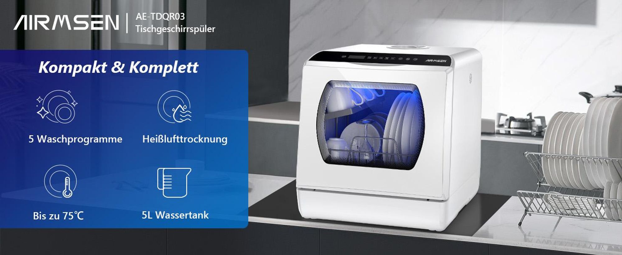 AIRMSEN Mini Geschirrspüler 5L,Tischgeschirrspüler 45cm, mit oder ohne Wasseranschluss,für Wohnung,Camping und Wohnwagen,Weiß