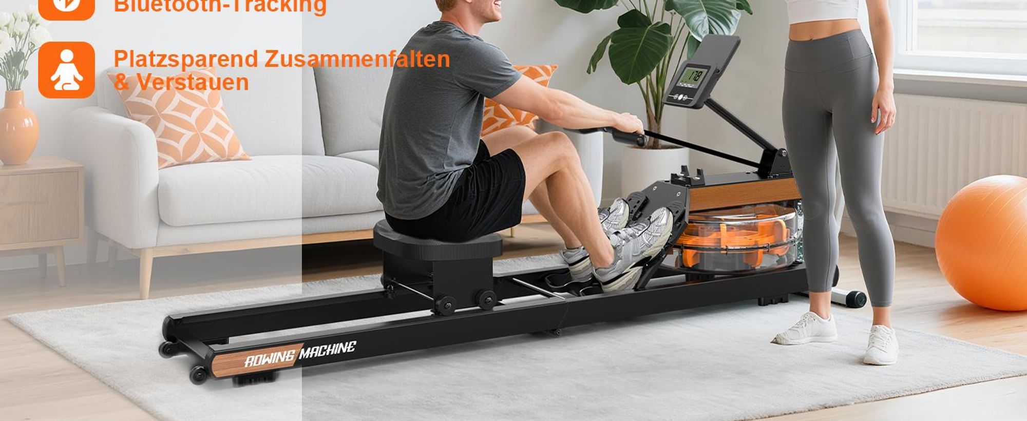 VOWVIT Heim-Rudermaschine klappbar, Bluetooth, verstellbare Tablet-Halterung, 98% vormontiert, Schwarz