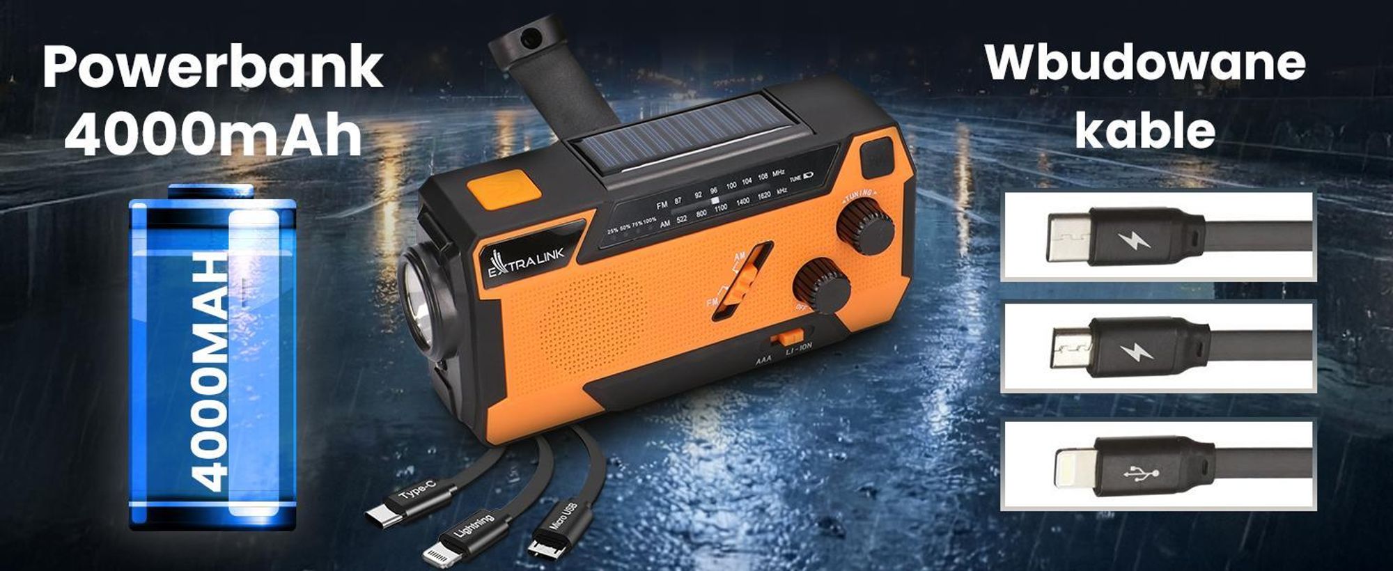 Extralink RADIO AWARYJNE SOLARNE Z KORBKA DYNAMO POWERBANK 4000MAH Z LATARKA SOS SR-4000, Przenośny, Analogowy, AM, FM, 87 - 108 MHz, 552 - 1620 kHz, 3 W