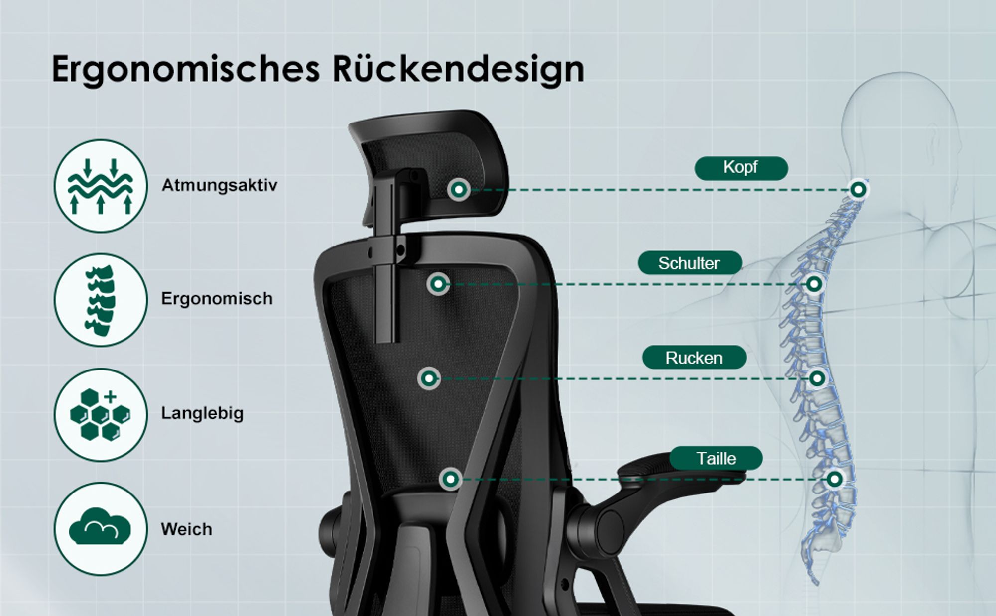 Aiibot Bürostuhl, Ergonomischer Bürostuhl, Schreibtischstuhl mit Kopfstütze, Große Armlehnen Bürostuhl, Drehstuhl, Chefsessel, Belastbarkeit 150kg