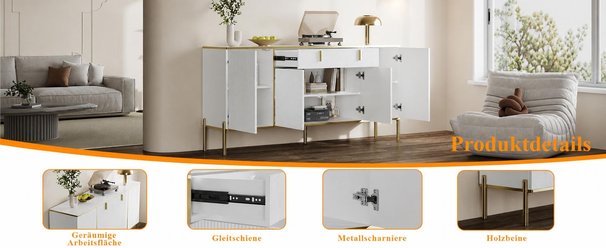 160 cm Sideboard mit 1 großen Schublade 4 Türen, Kommode mit Verstellbaren Einlegeböden, mit 5 Füßen, Weiß und Gold, 160 x 40 x 80 cm