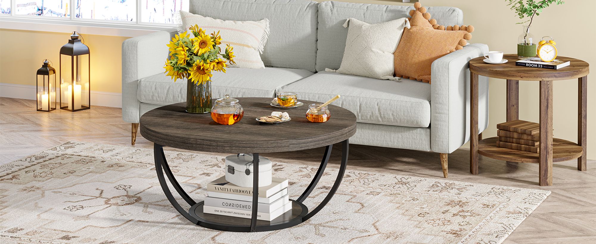 Tribesigns Runde Couchtisch, Industrial 2-Tier-Kreis Couchtisch mit Lagerung Regale, Moderne hölzerne Akzent Mitte Tisch Sofa Beistelltisch