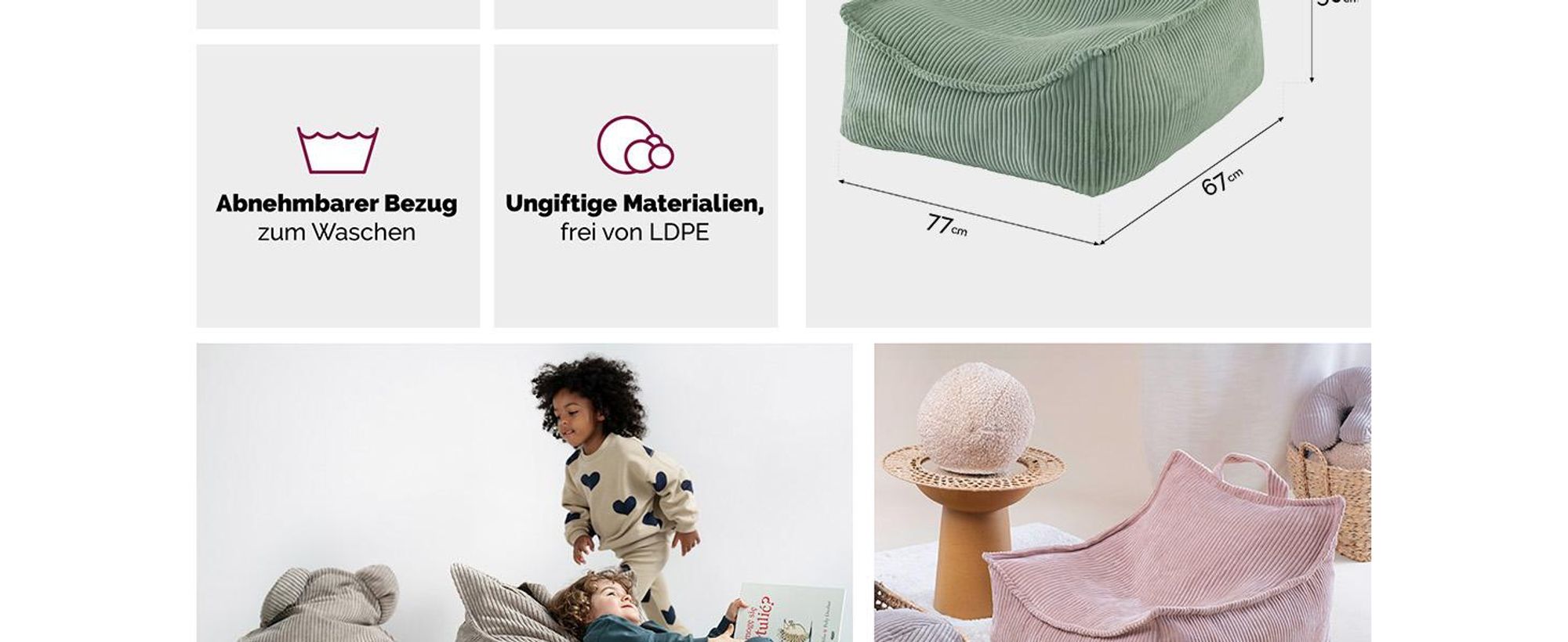 MISIOO Sitzsack Kinder – Großer Sitzsack – Big Bag für Kinder – Cord-Material – 77x67x50 cm – Waschbarer Stoff – Griff für einfaches Tragen – Olive