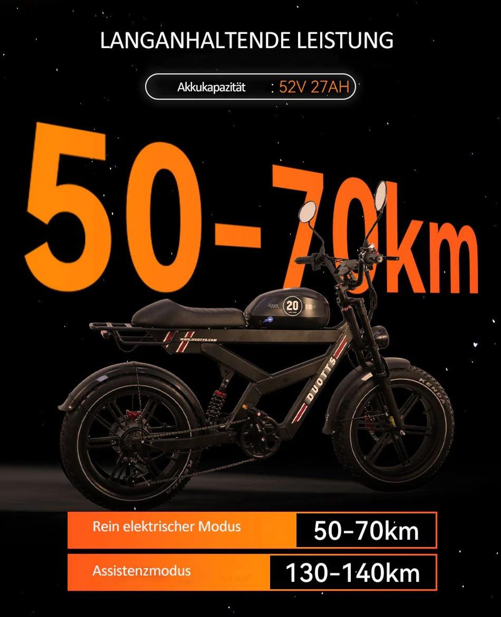 DUOTTS F20 Elektrisches Fahrrad - 52V 27AH Batterie mit Hydraulischen Scheibenbremsen - Schwarz