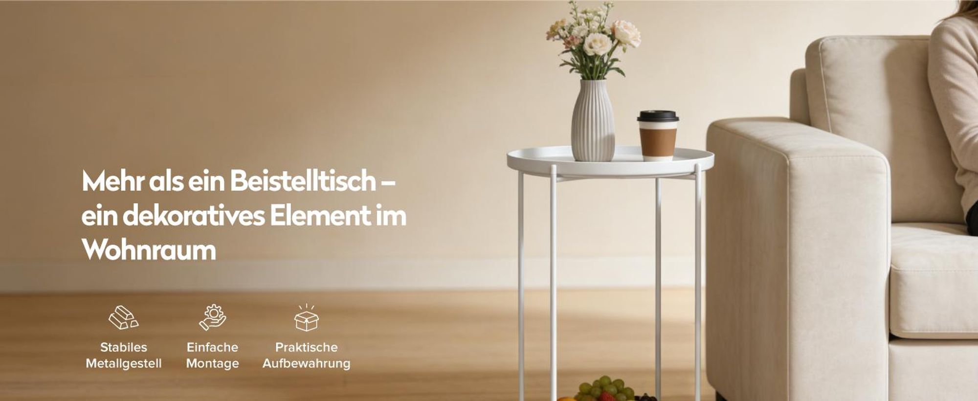 doporro Beistelltisch rund, Kleiner Tisch, Couchtisch rund mit 1 Ablagen und Metallgestell, 35 x 51cm, Beistelltisch Weiß Reglo-08