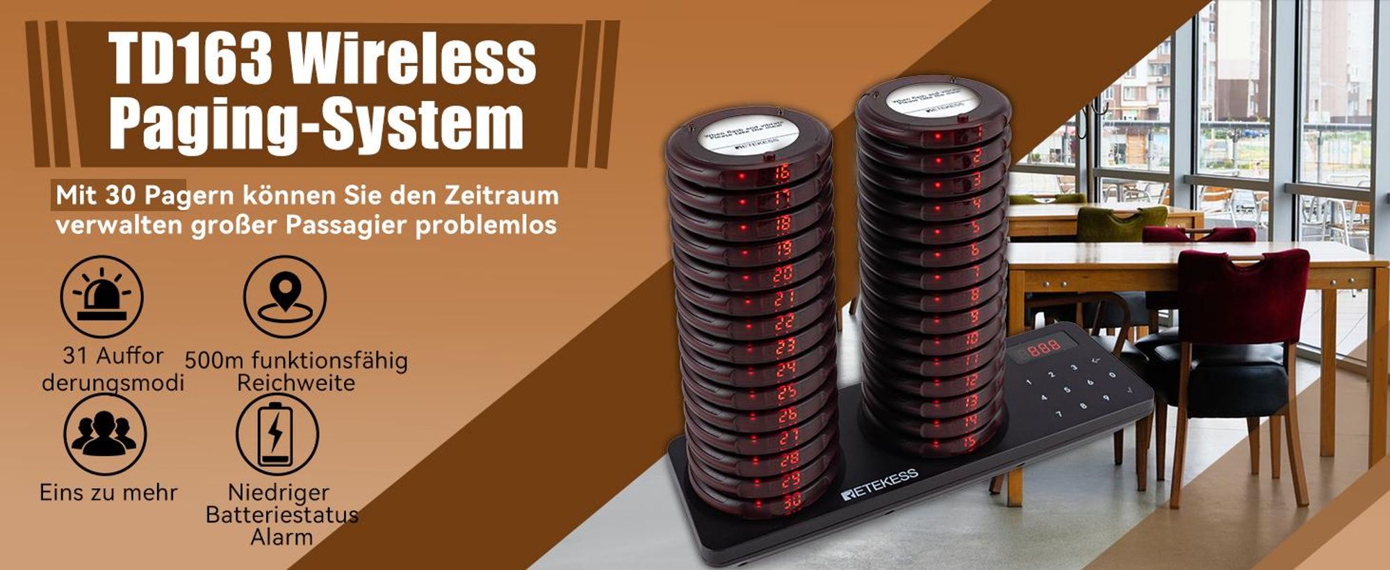 Retekess TD163 Restaurant Pager System, Pager Rufsystem, 500M, 40 Pagers, 31 Rufmod, 300mAh 20H, Pager set für Fast Food, Hotel, Café, Bar