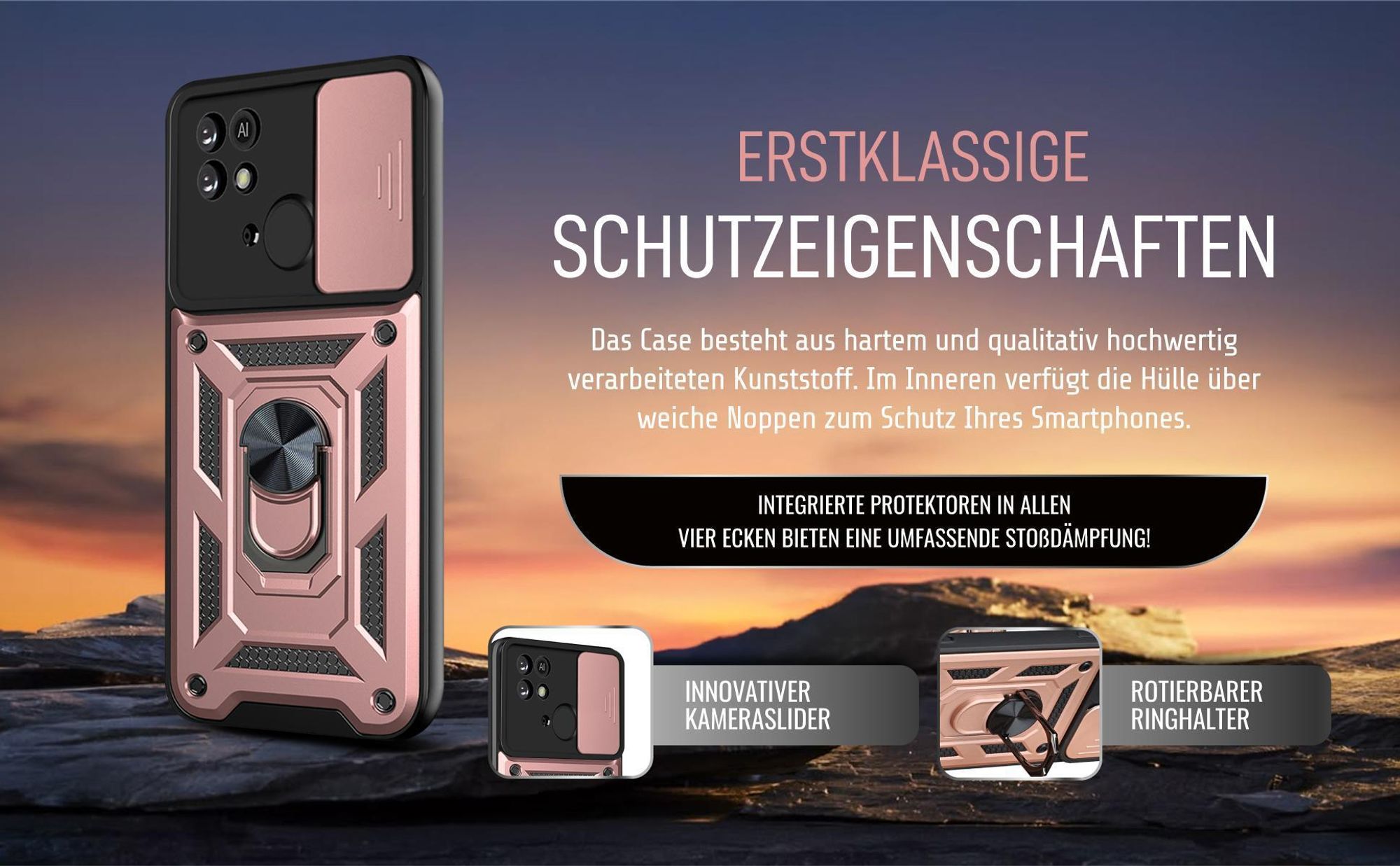 Handycase in Rosegold für Xiaomi Redmi 10C mit Ringhalter