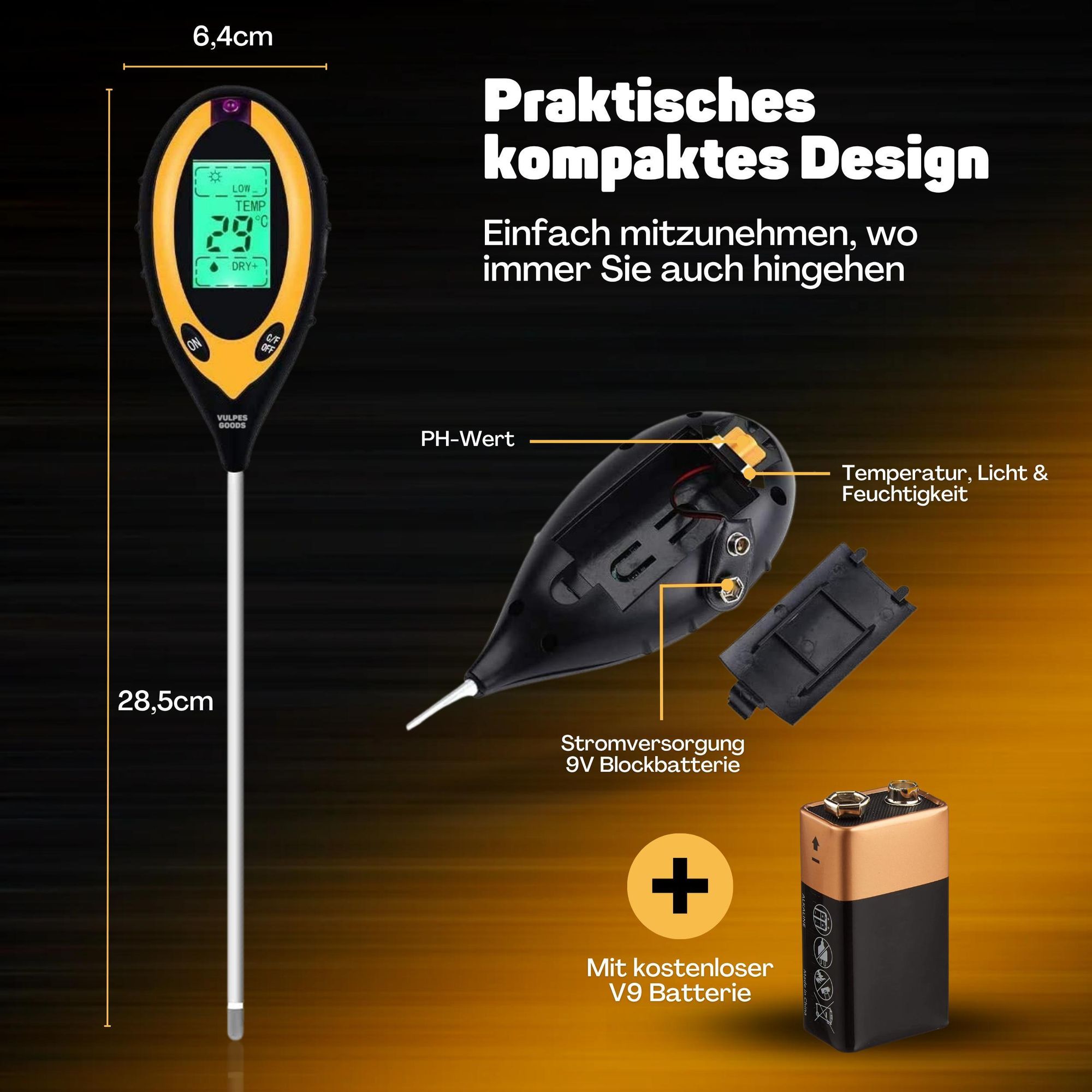 Vulpes Goods Bodenfeuchtigkeitsmessgerät, Für Pflanzen, 4-in-1, Thermo- und Feuchtigkeitsmesser, Innen und Außen, pH Licht, Boden testen, Mit Batterie