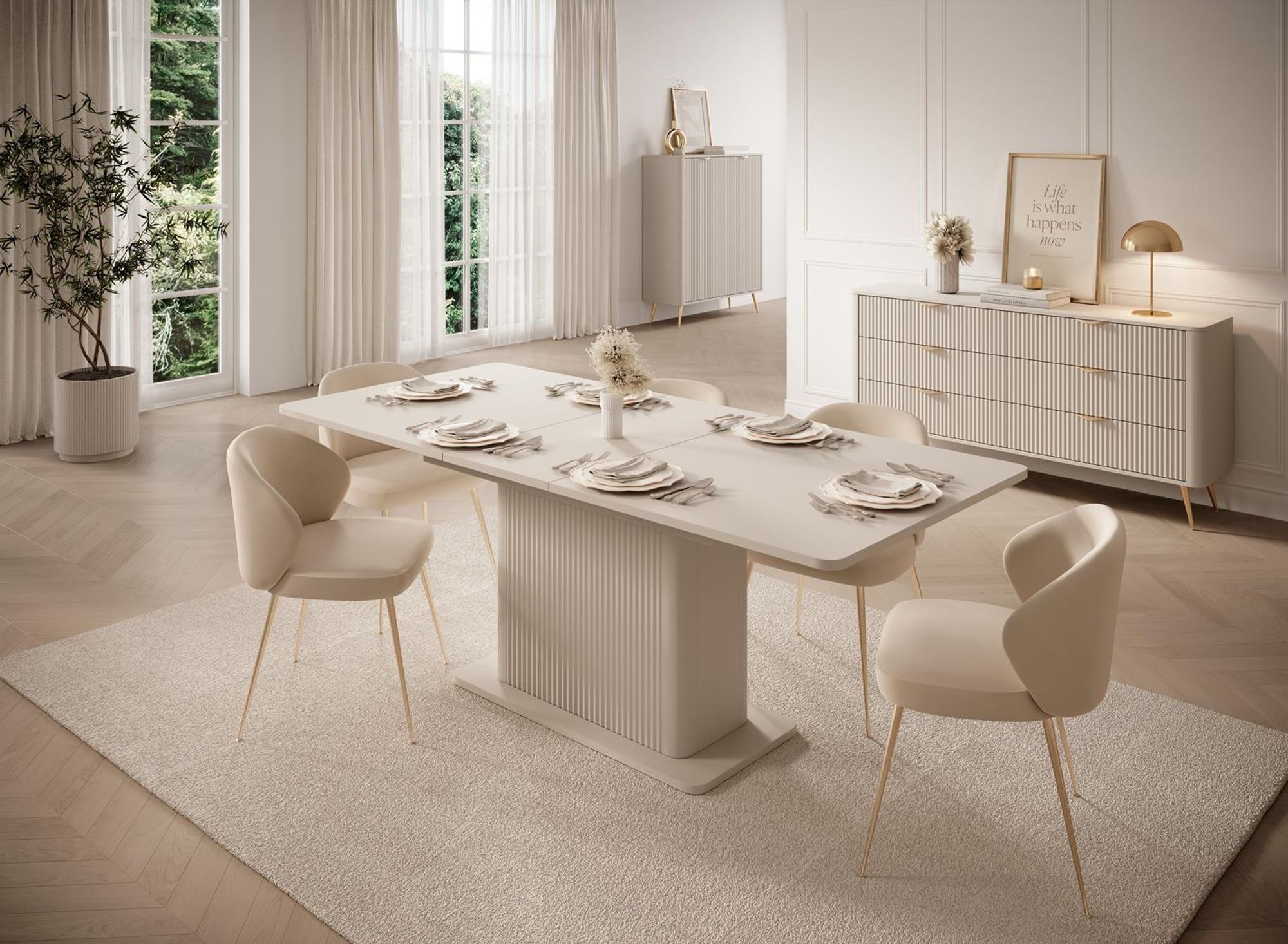 BETTSO Ausziehbarer Esstisch LANTE Beige geriffelt, Säulentisch 160 bis 200 cm, Skandinavischer Küchentisch für 6-8 Personen, Design Holztisch