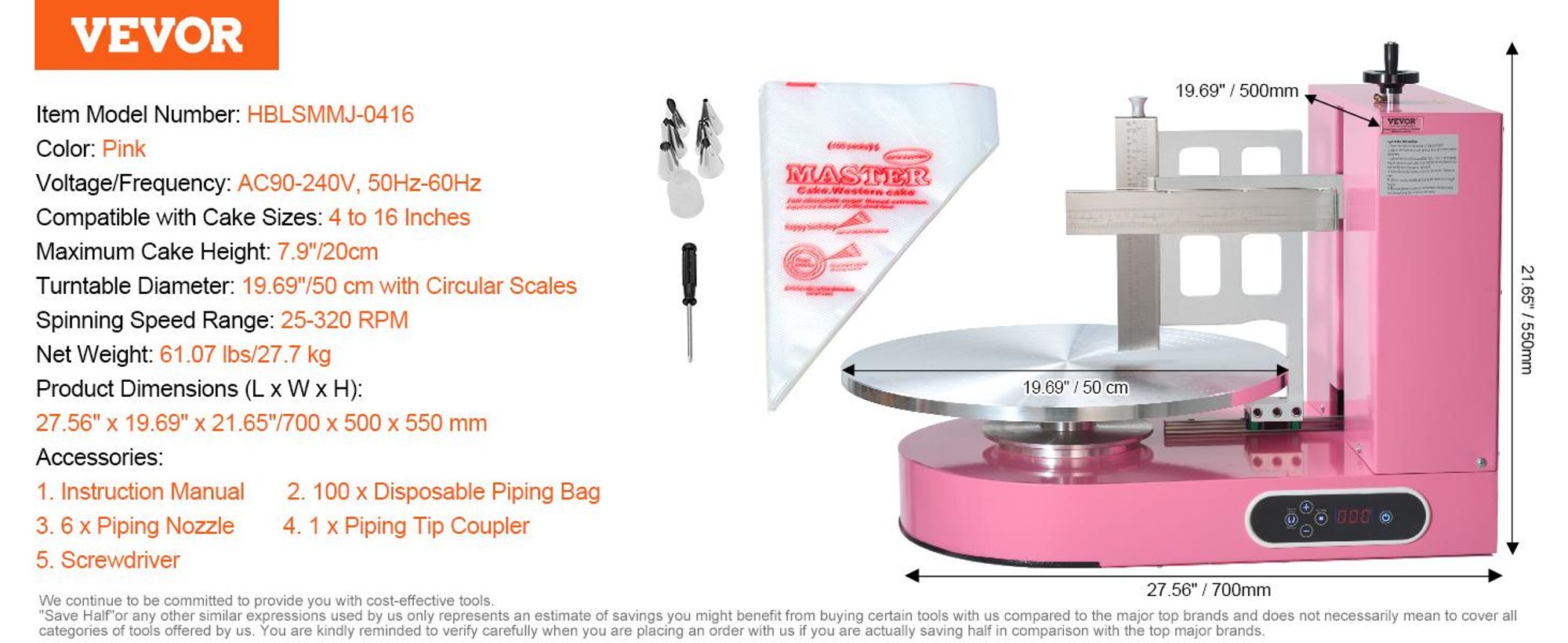 VEVOR Kuchen-Dekorationsmaschine, Kuchencreme-Verteilmaschine, leise Kuchen-Glasurmaschine, Drehteller mit verstellbarem Schaber, für 4" bis 12" Kuchen, 25-320RPM Drehgeschwindigkeit, Weiß, 4-16 Zoll, Rosa