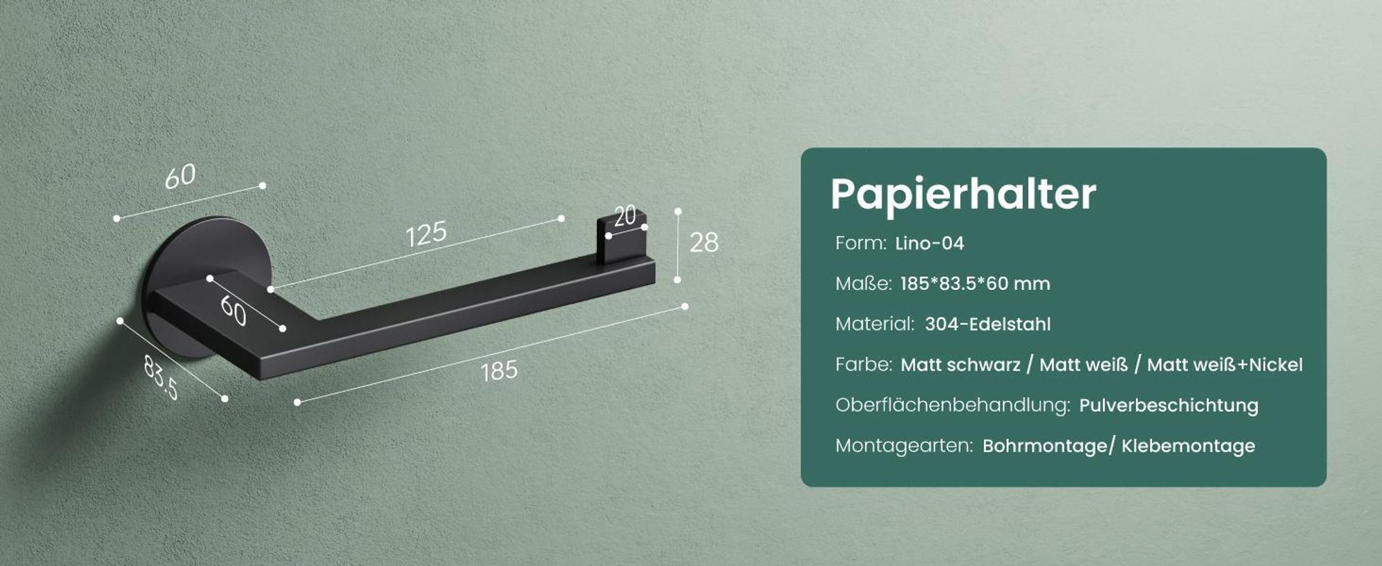 Mai & Mai Toilettenpapierhalter Klopapierhalter WC aus Edelstahl, Toilettenpapier Halterung Rollenhalter Matt schwarz 185mm Lino-04