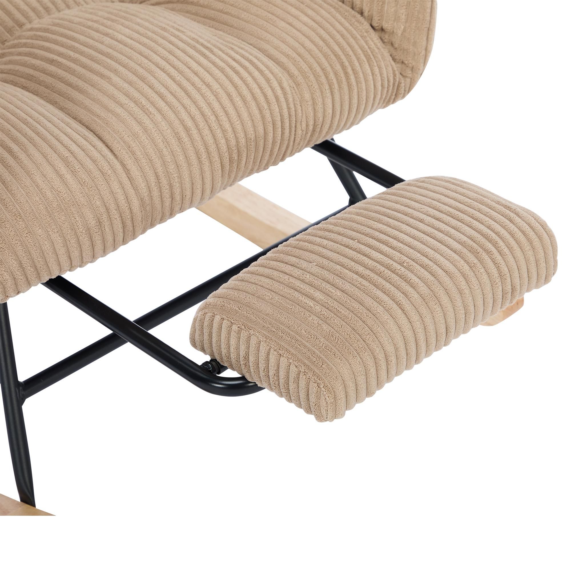 Merax Schaukelstuhl mit Nackenstütze und Fußstütze, Relaxsessel mit Seitentasche, Polsterstuhl 102×65×92 cm, bis 100 kg belastbar, Cordstoff Braun