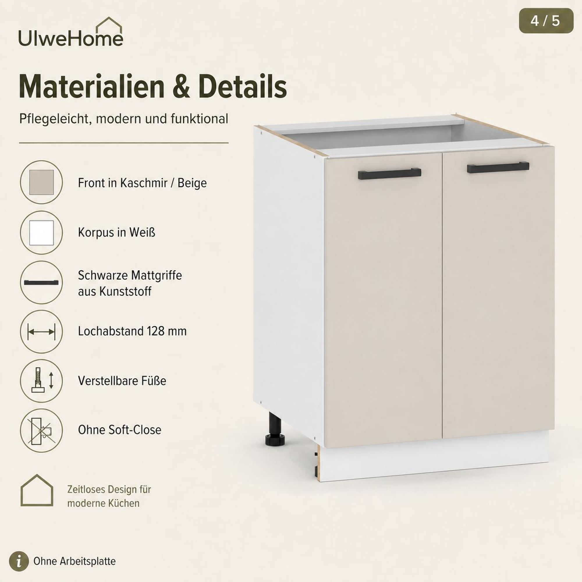UlweHome Küchenunterschrank Kaschmir Beige: Materialdetails, 128 mm Lochabstand & Füße.