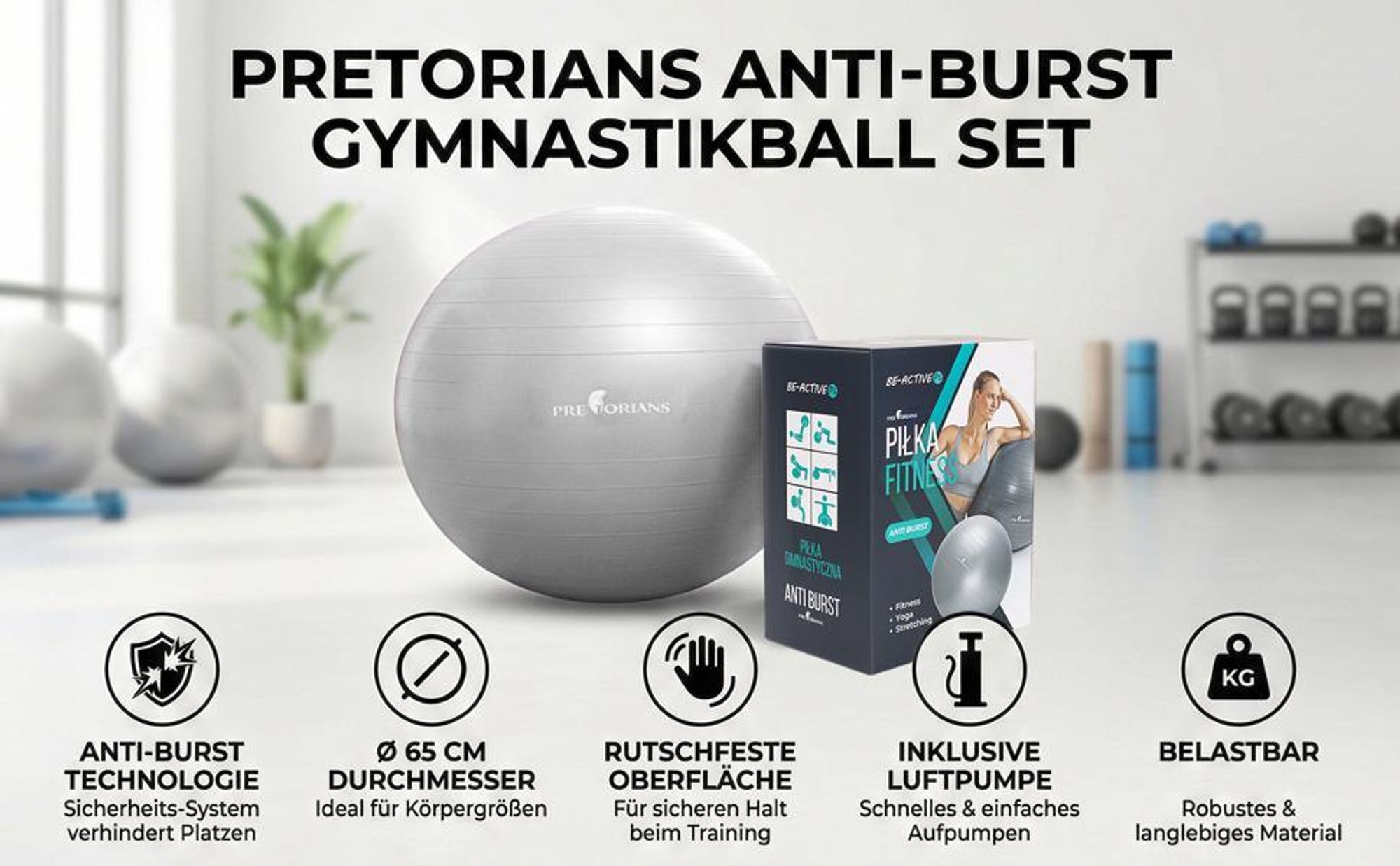 Gymnastikball 65 cm Anti Burst Fitnessball Sitzball Yoga-Ball bis 100 kg Grau