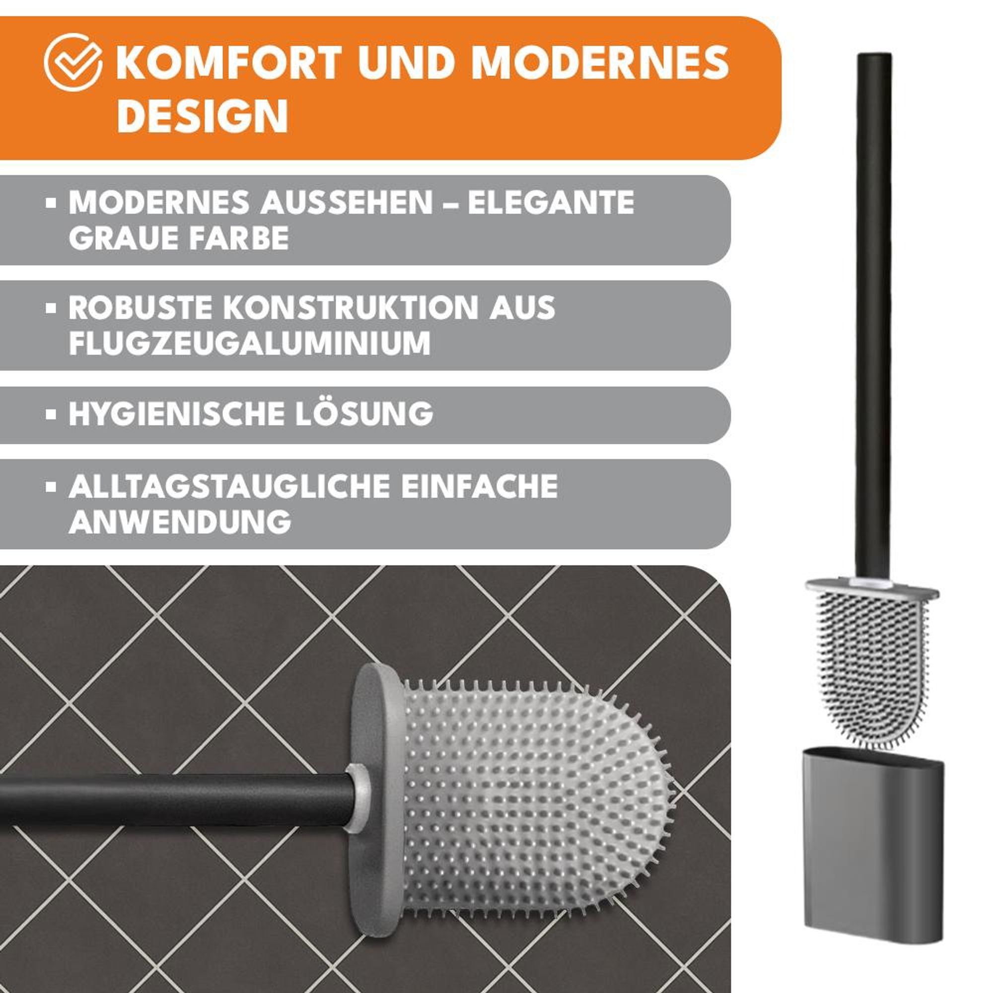 KRUMAD Silikon WC Bürste mit Halter, Toilettenbürste für Toilette, Klobürste mit Behälter, breite Bürstenkopf, Schwarz Grau, 25 cm