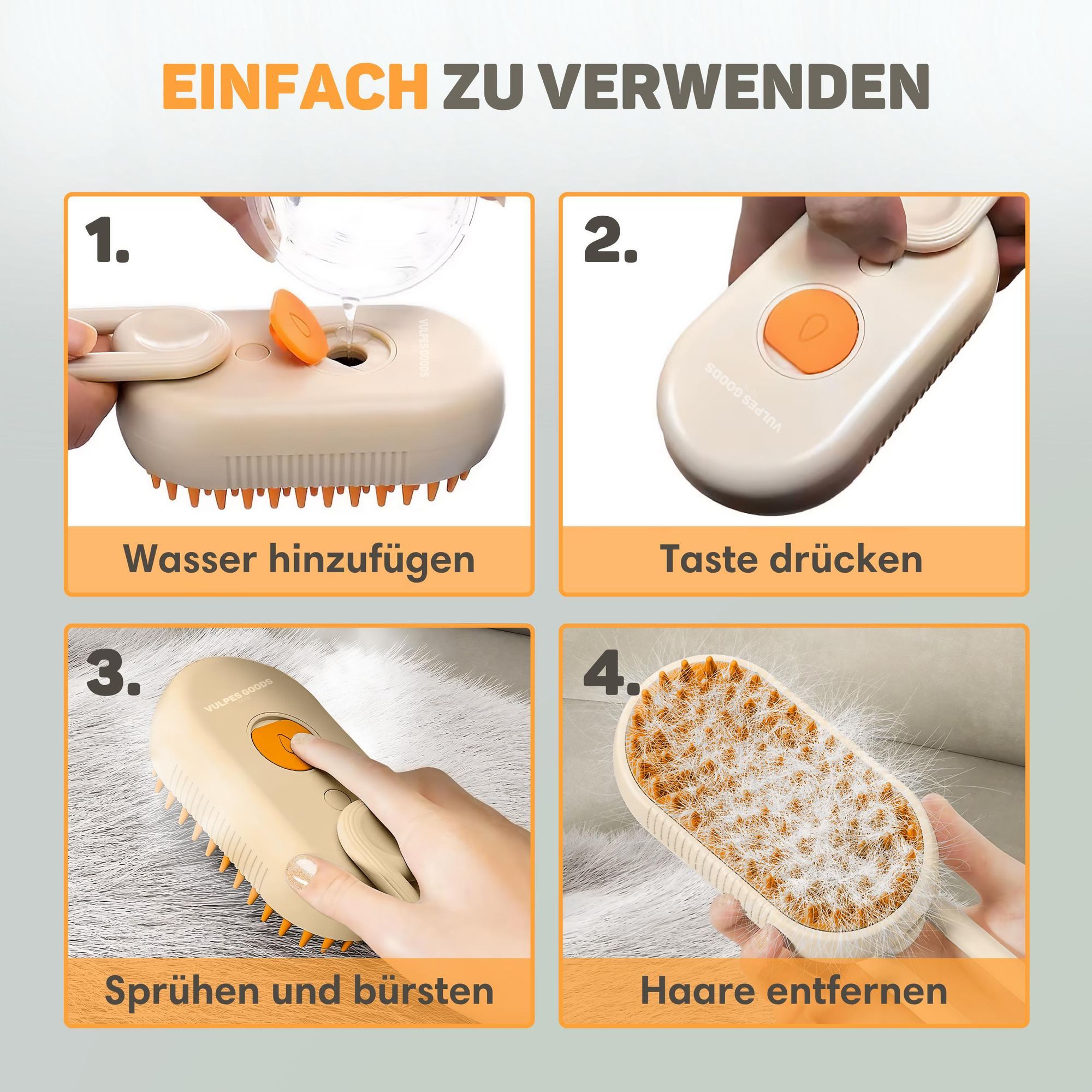 Vulpes Goods Katzen Dampfbürste, Selbstreinigende Katzen-Stoombürste, Haarentferner, Kurz- und Langhaarkatze Dampfgerät, Inkl. 2 extra Kämme