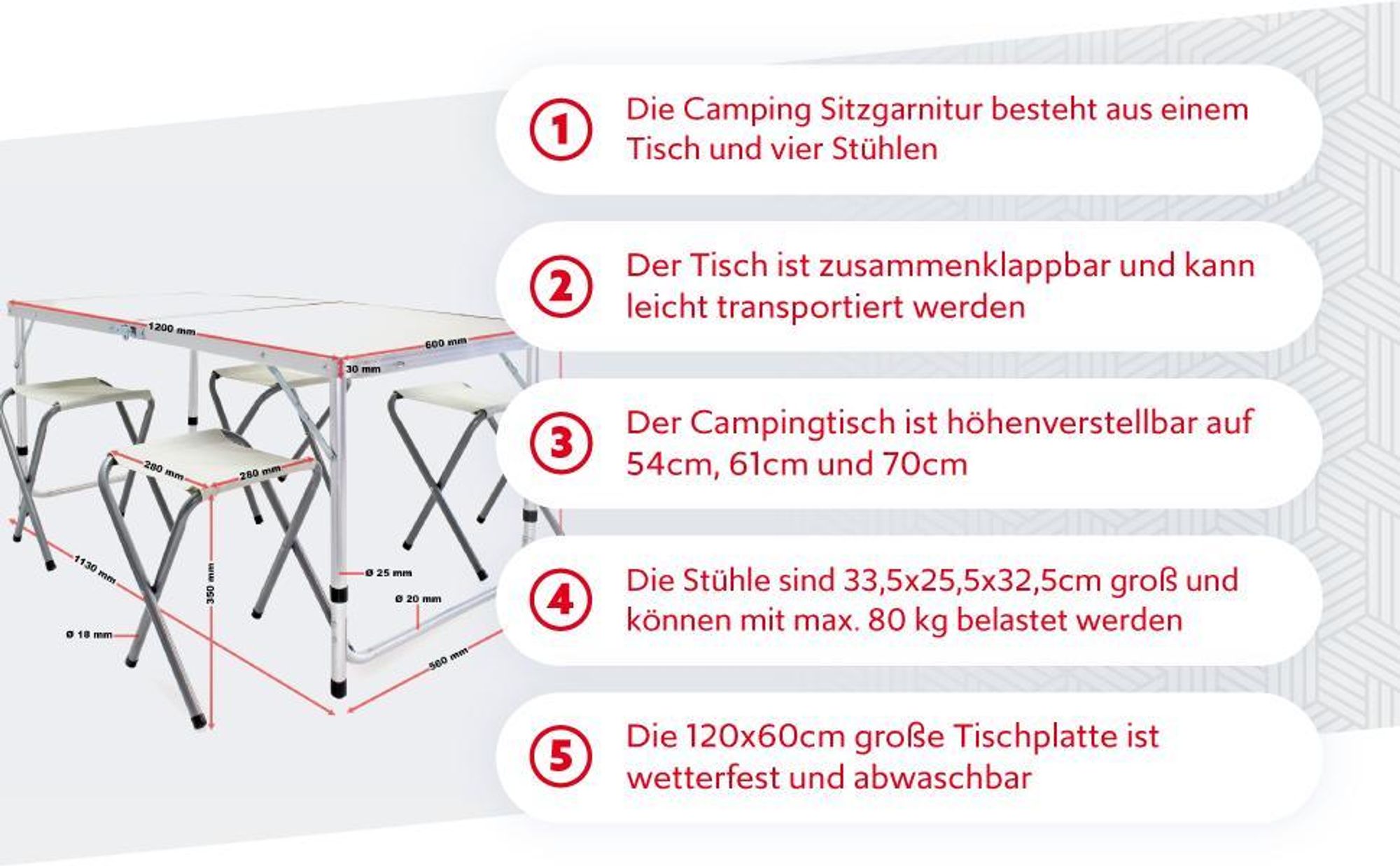 Wiltec Campingmöbel Set 5tlg. Campingtisch mit Stühlen höhenverstellbarer Tisch plus 4 Campingstühle Aluminium Sitzgarnitur Campingtisch klappbar Klapptisch Camping Garnitur faltbar