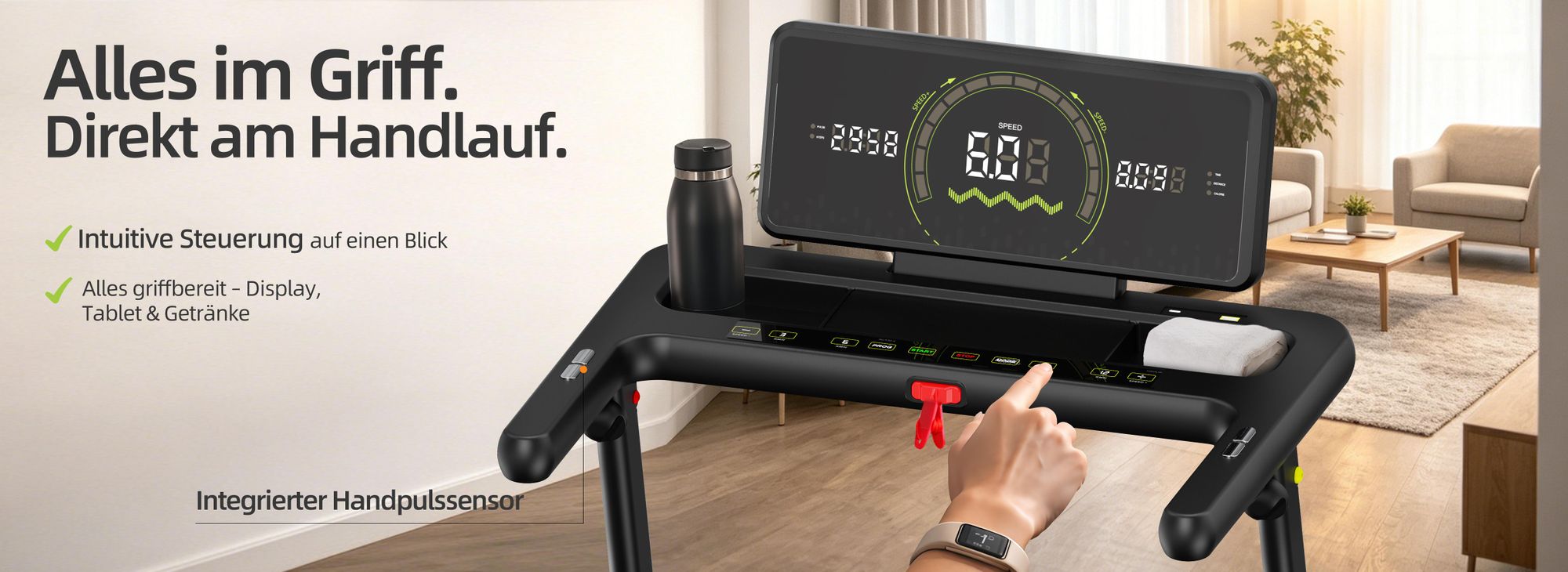 FUNLIFE F8 mit Display, Tablet-Ablage und Steuerung direkt am Handlauf