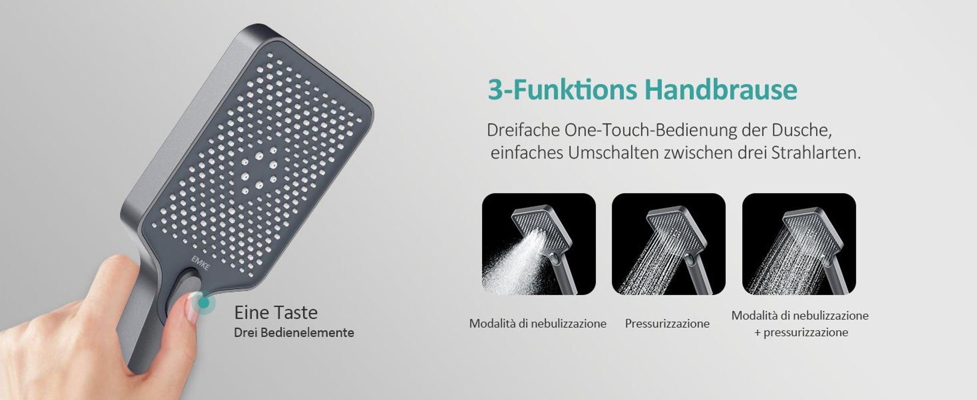 Sistema doccia EMKE con termostatico mensola in vetro doccetta 3 modalità di getto doccia a pioggia, rubinetteria per vasca e doccia,  KTW, grigio - F09
