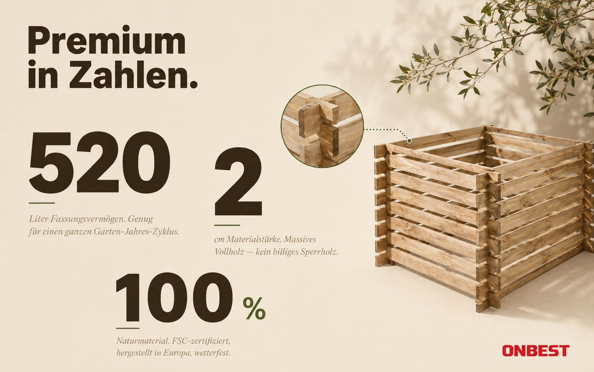 Holzkomposter Garten ONBEST | 520 Liter | 100x100x72 cm | Stecksystem | Witterungsbeständig & Lasiert | Kompostbehälter Holz