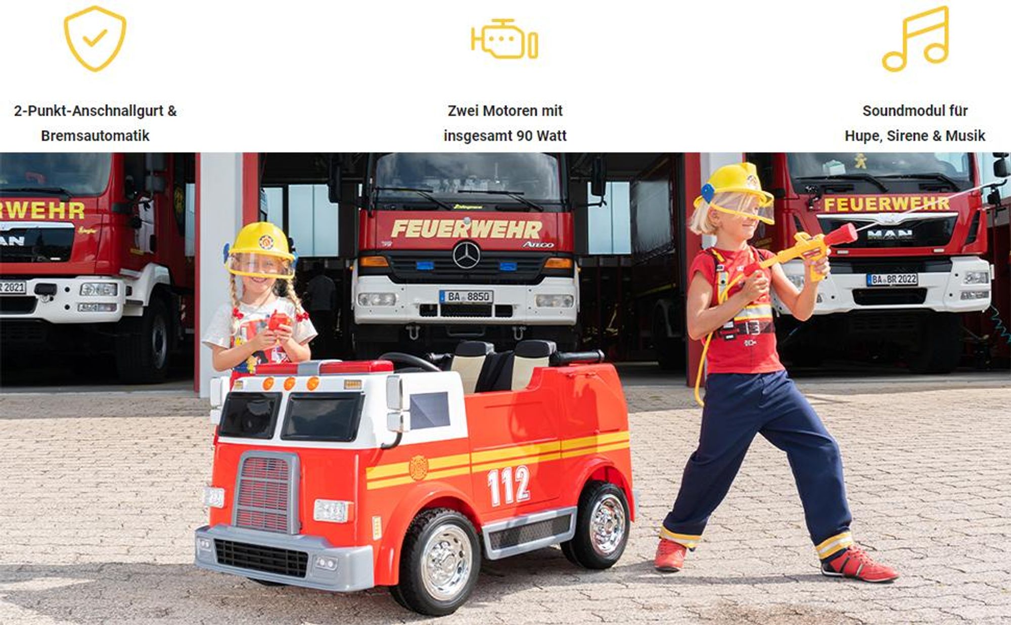 Actionbikes Motors Feuerwehr Auto LL911 | 2 Sitzer - Fernbedienung - Hupe, Motor- & Sirenen Sound - LED - Elektro Auto - 2 x 24 V Motor - ab 3 Jahren