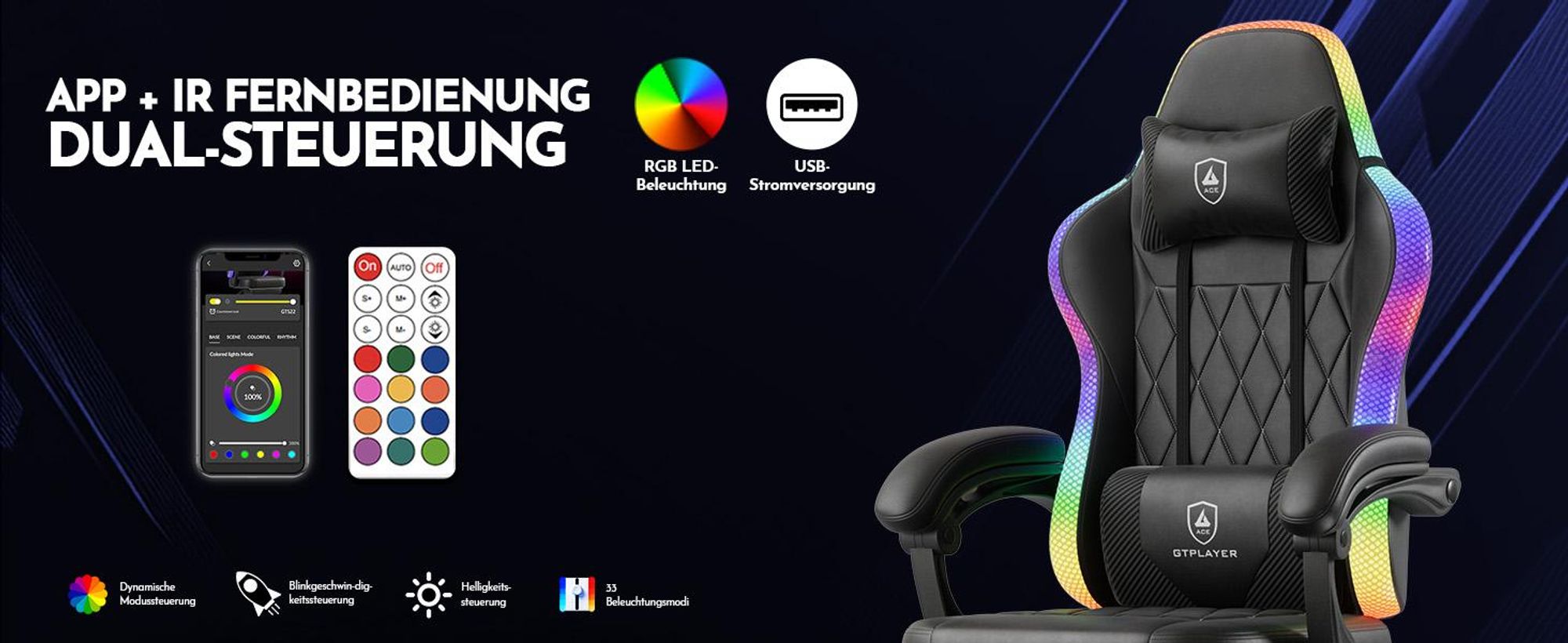 GTPLAYER Gaming Stuhl, Bürostuhl, Gaming Chair mit LED Lichtleiste, Gamer Stuhl, Rückenlehne mit Aufbewahrungstasche Ergonomischer PC Stuhl