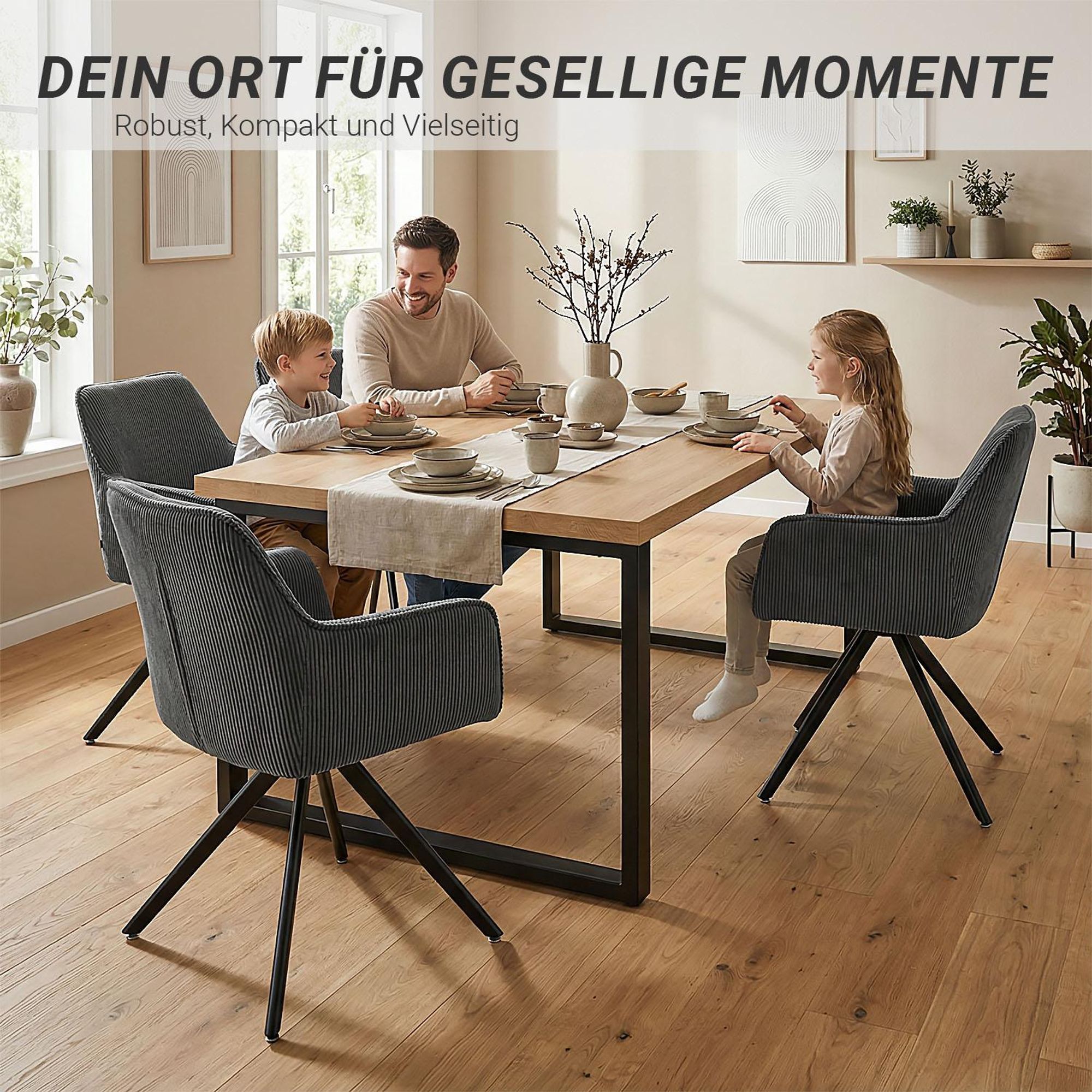 Das Bild zeigt einen Esstisch, der Platz hat für bis zu 6 Personen.