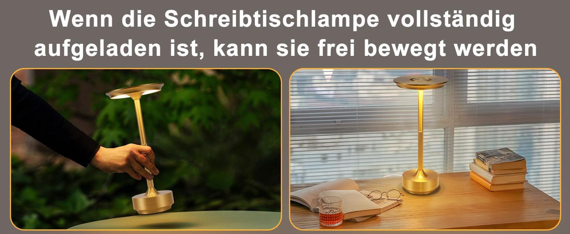 ZMH Nachttischlampe Kabellos Tischlampe Akku - LED Tischleuchte Touch Dimmbar Lampe 2er Set mit USB Aufladbar Batterie Tischlampen Gold für Modern Fensterbank Wohnzimmer Kinderzimmer Schlafzimmer